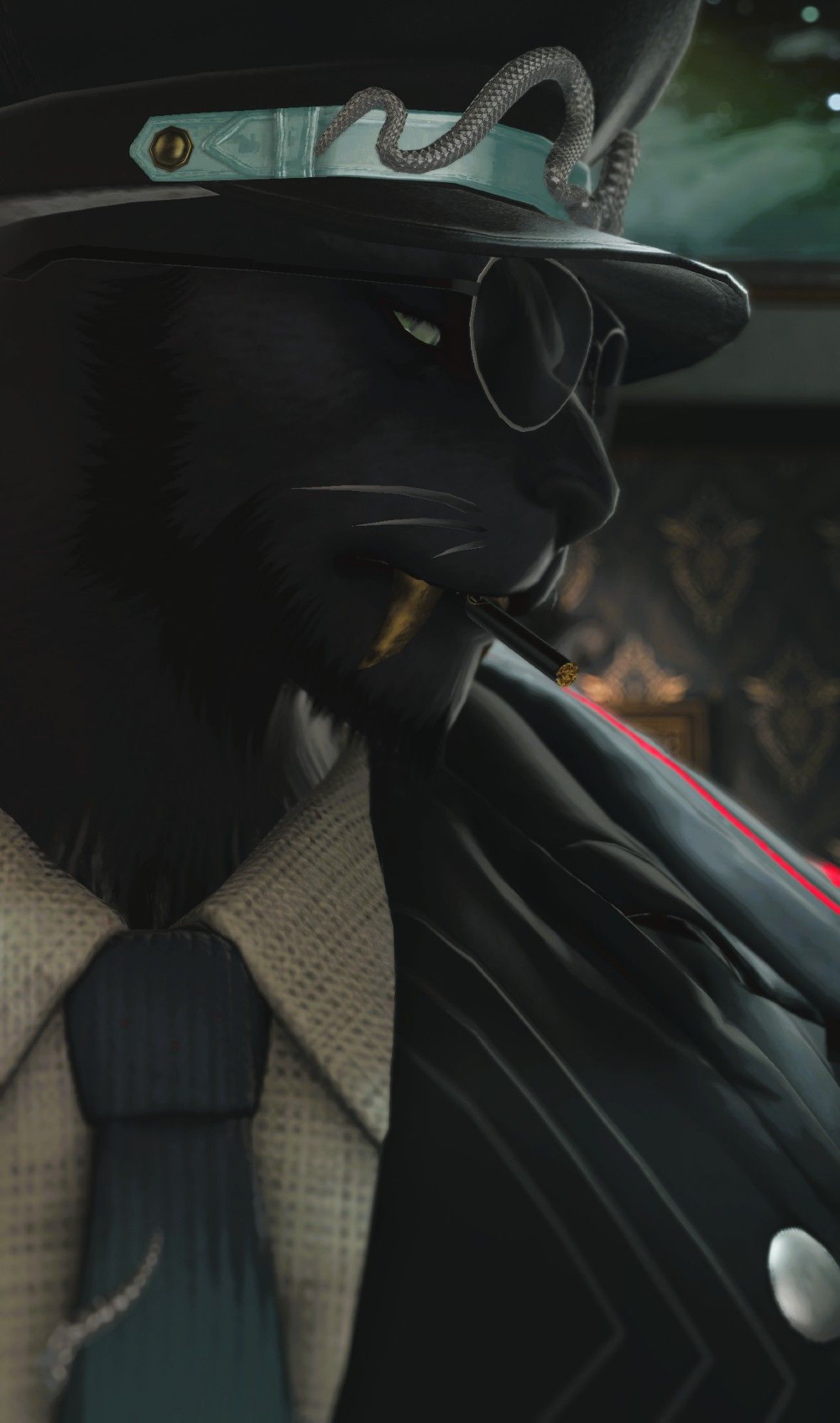 Portrait photo of a hrothgar sporting a suit and tie Warden set, with gold fangs, aviators, and a black cig.