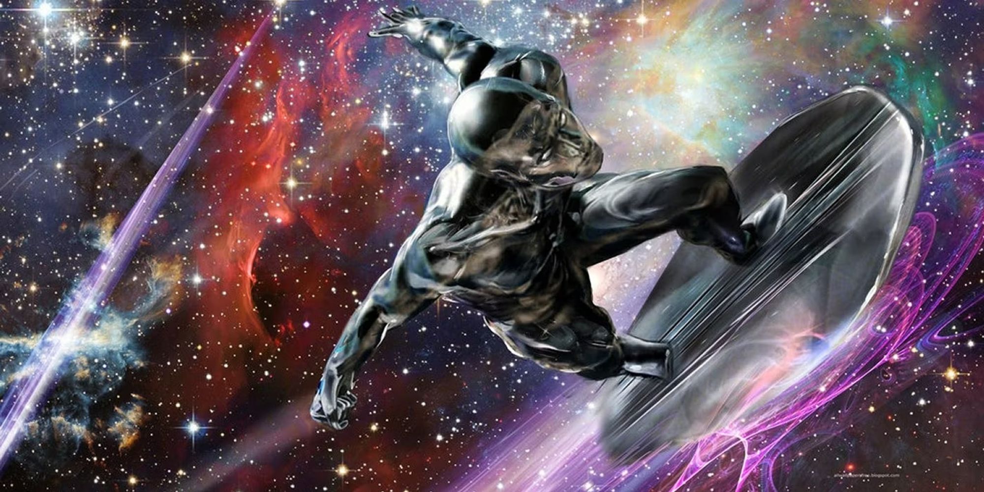 Background is space, stars and  nebulae. A dark metallic figure on a surf board is leaning forward. It looks like he's going pretty fast.