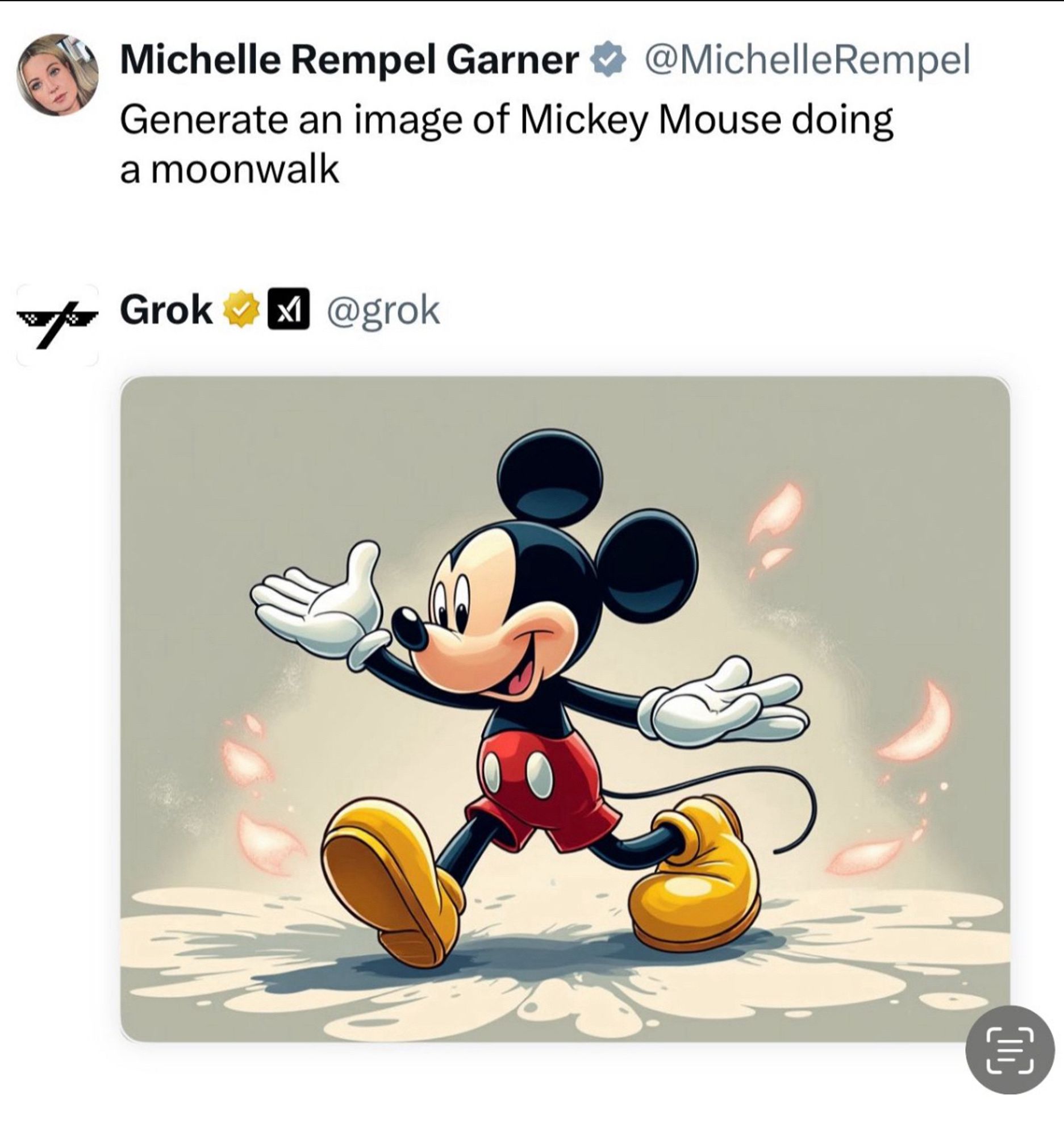 Michelle Rempel Garner * @MichelleRempel
Generate an image of Mickey Mouse doing a moonwalk
Grok
@grok [does]