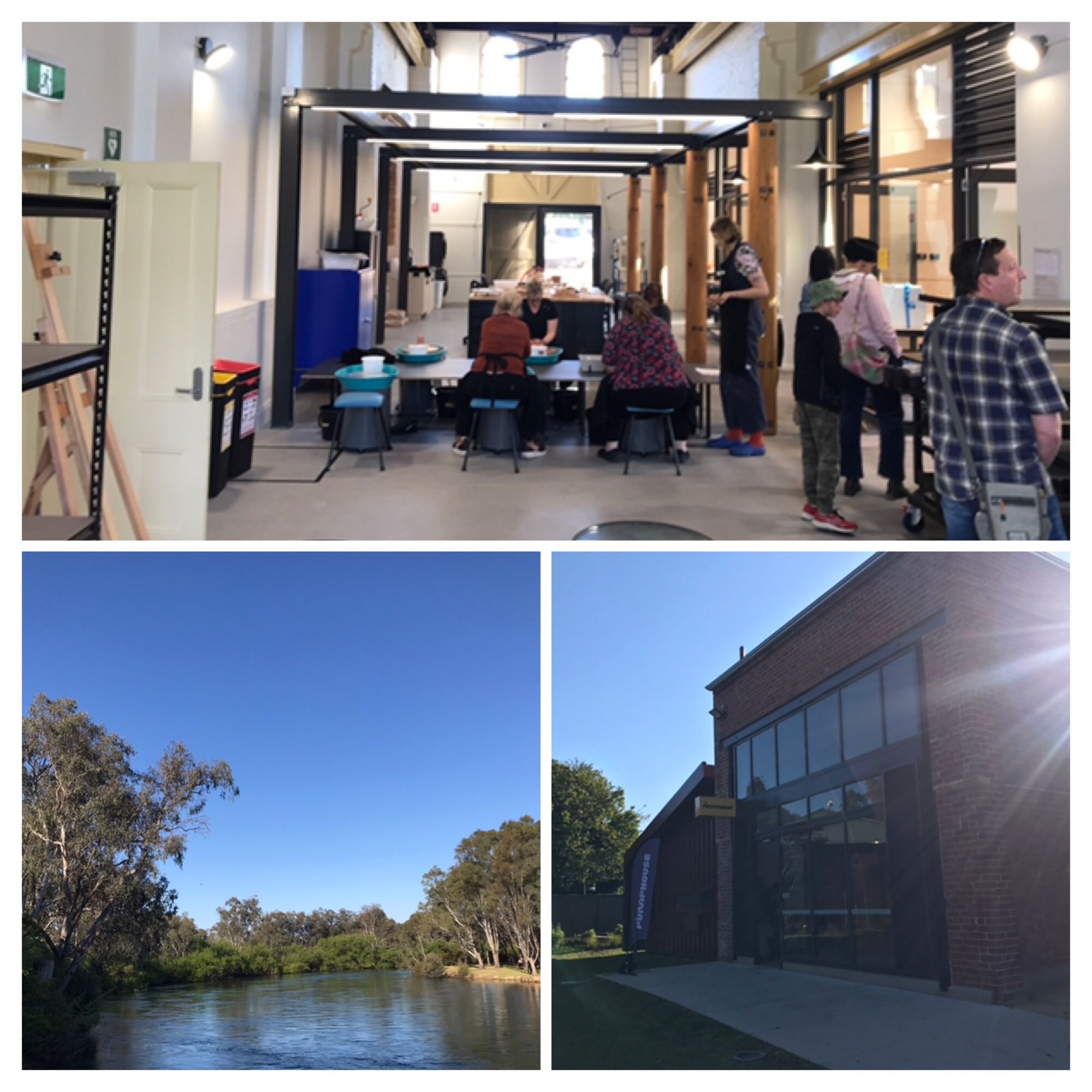 Inside the Pumphouse showing pottery wheels and refurbished industrial architecture, view of the river and external view of old water supply pumphouse