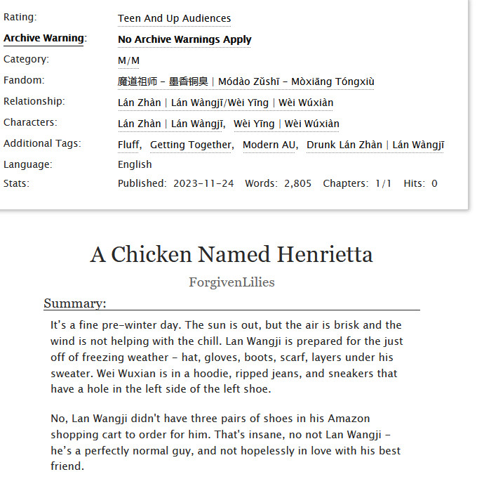 Archive of our Own page showing the summary of a fanfic called A Chicken Named Henrietta. It's tagged fluff, getting together, modern AU, and drunk Lan Zhan.