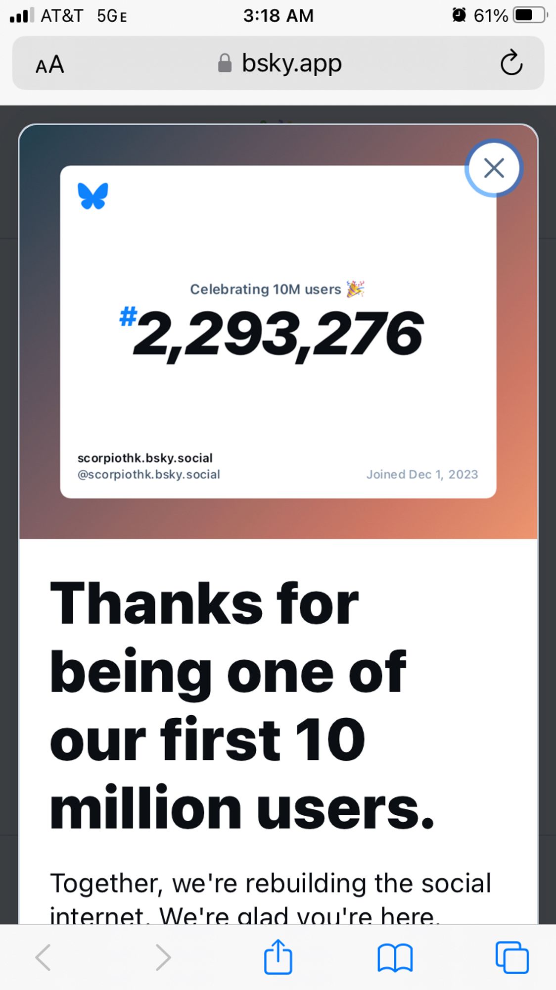 My “Thanks for being one of our first 10 million” post, showing that I’m #2,293,276