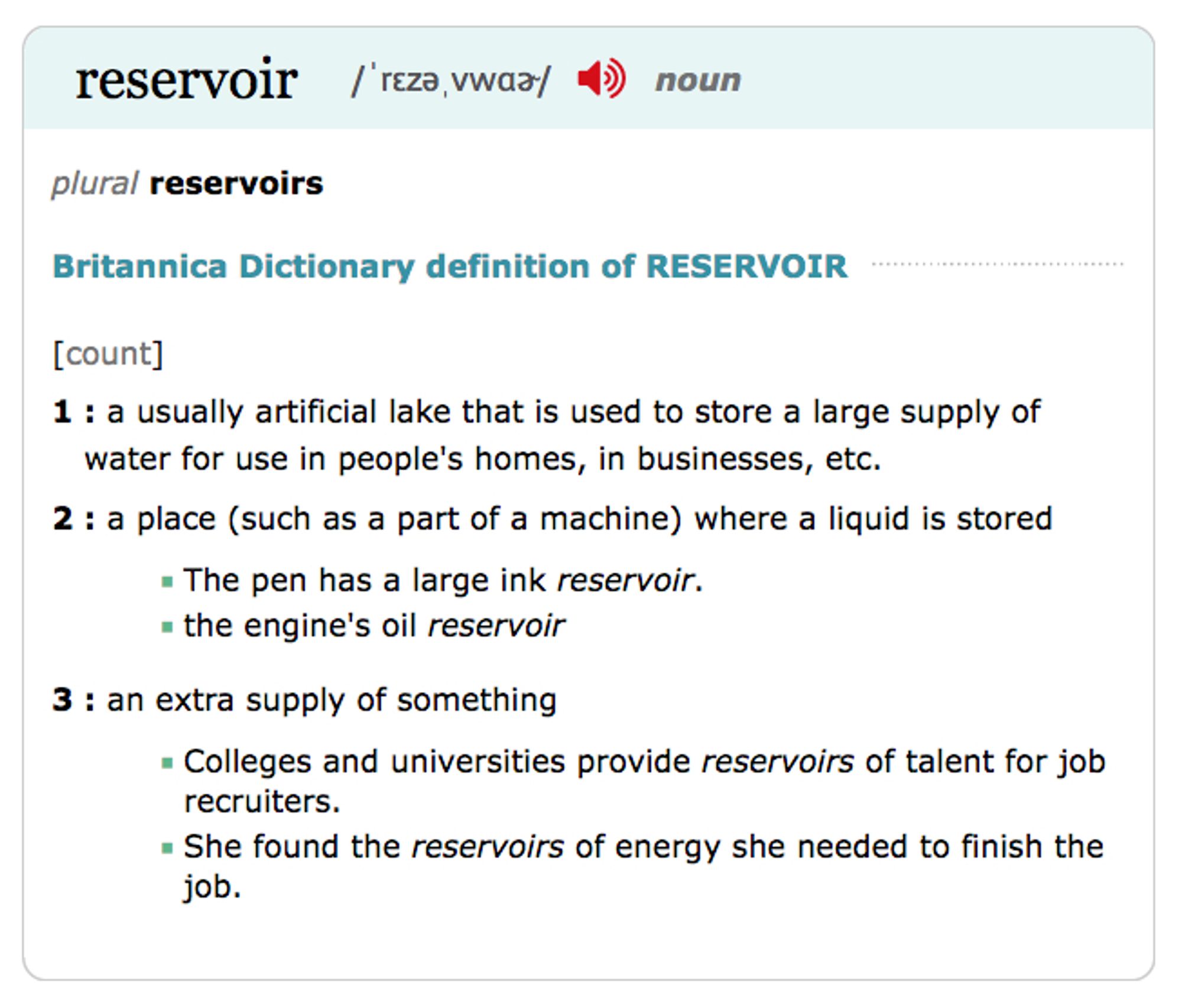 Britannica Dictionary definition of RESERVOIR (the second and third point)
2: a place (such as a part of a machine) where a liquid is stored
3: an extra supply of something