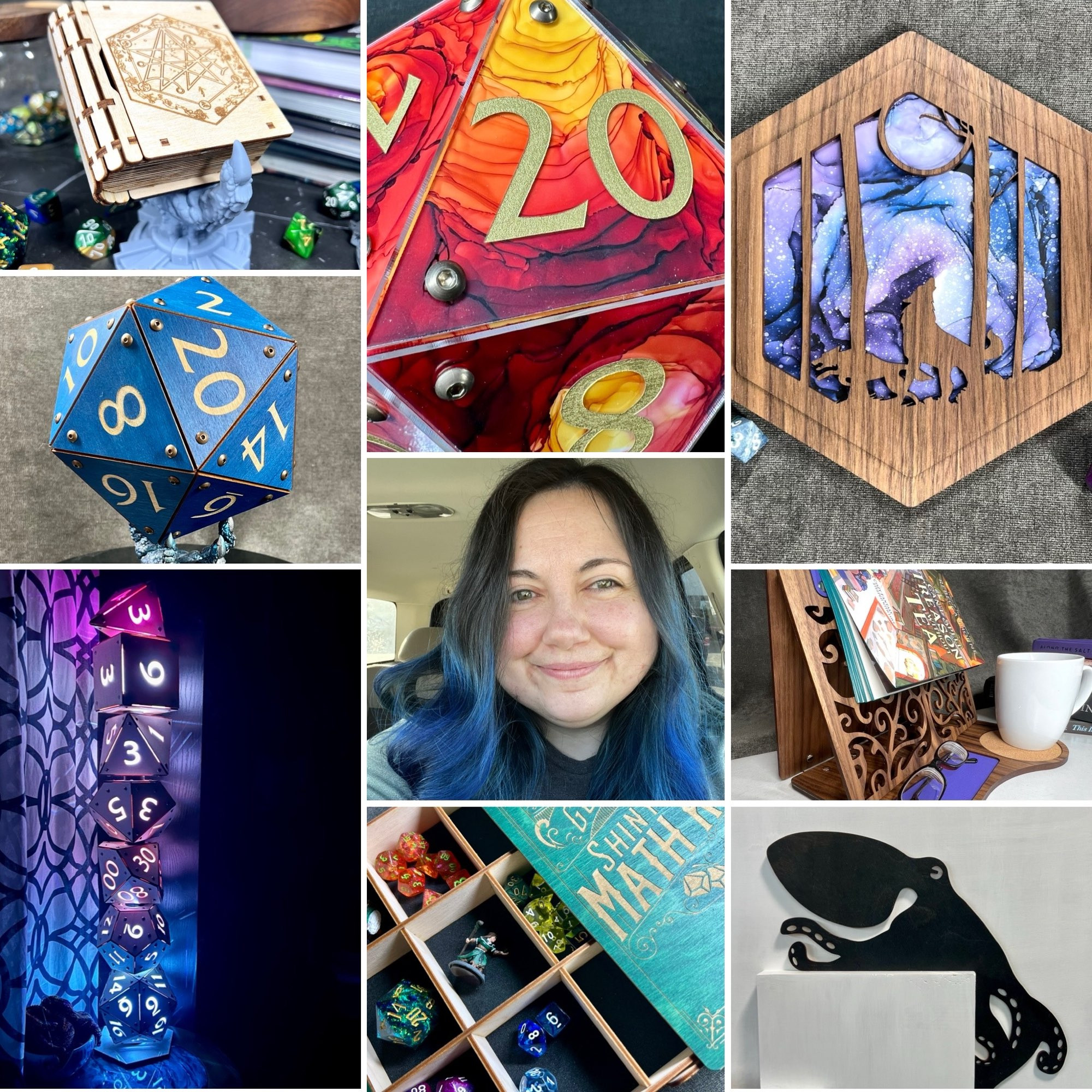 A collage of vibrant and wood nerdy crafts and a white gal with blue hair. 