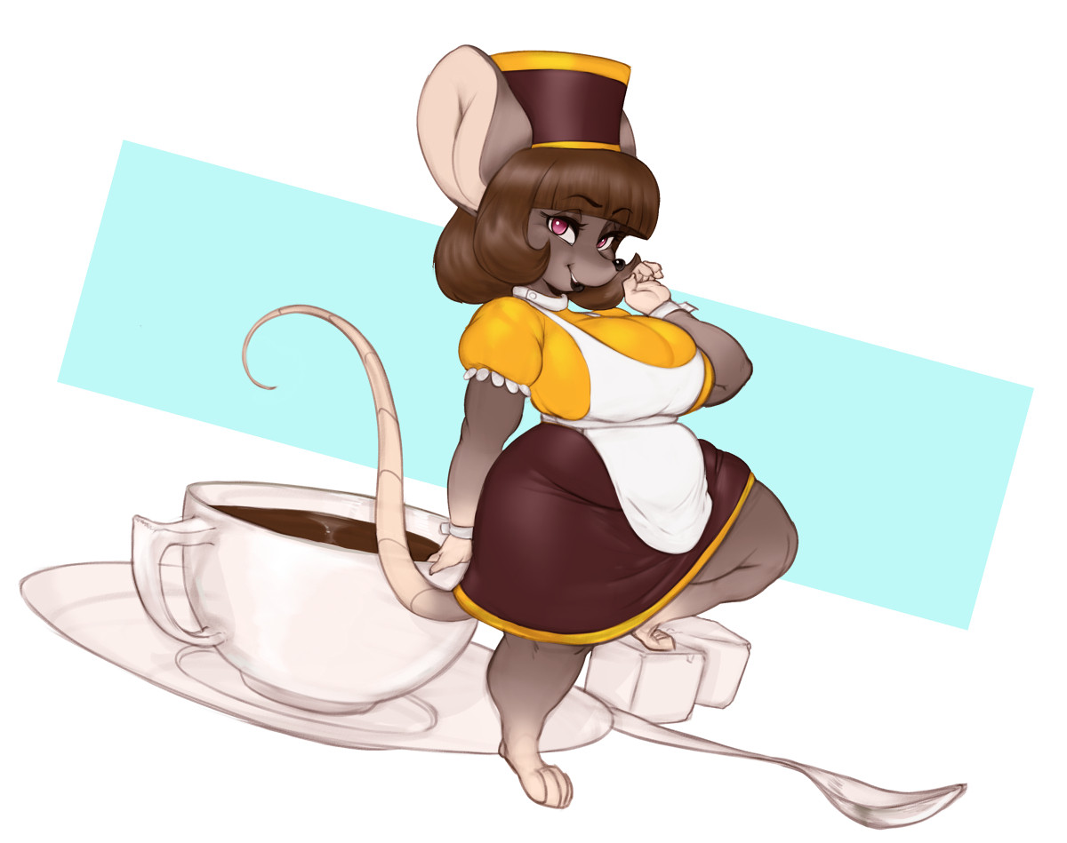 A busty shortstack mouse girl maid leaning against a teacup