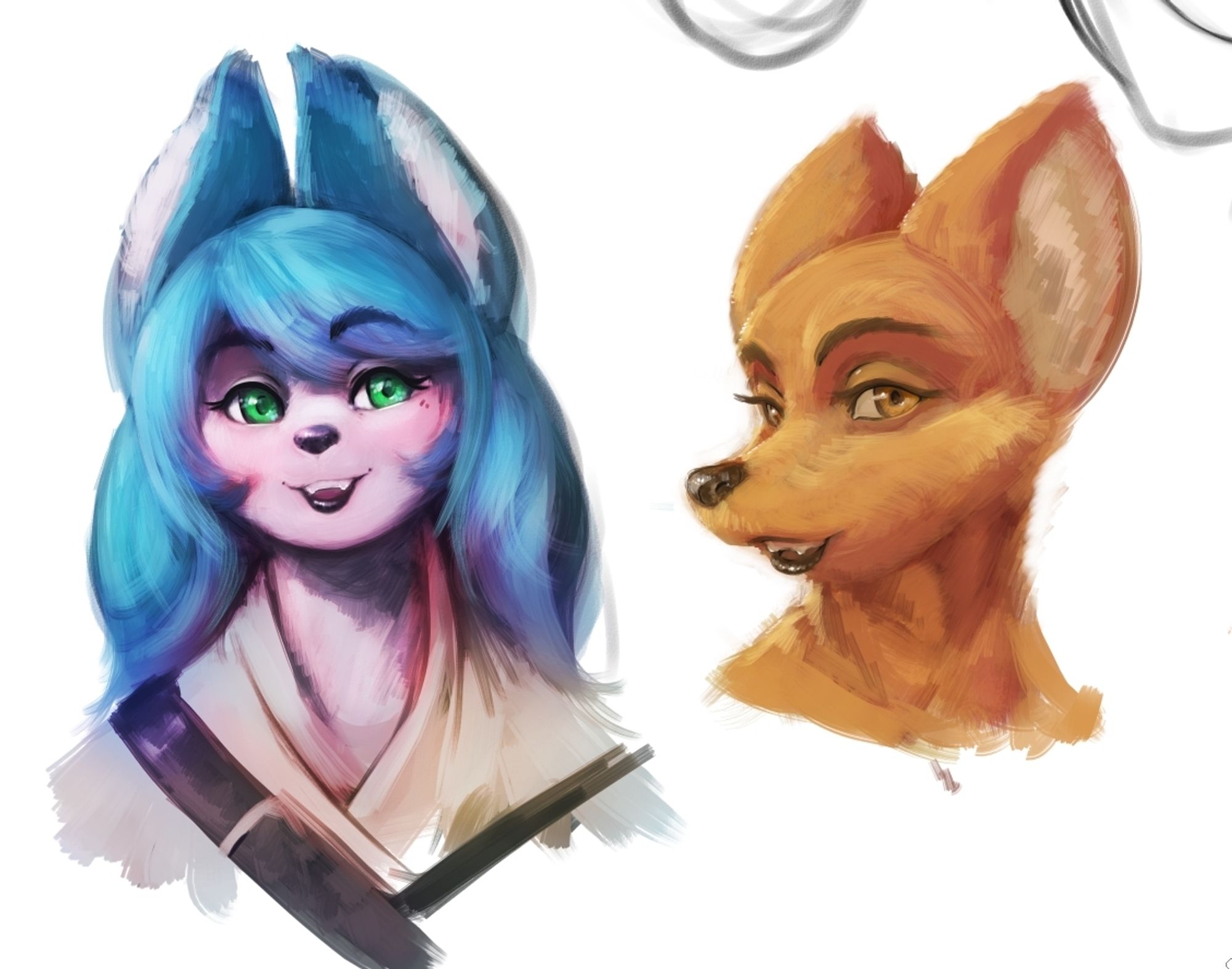 Two painted sketch portraits of a pair of nondescript animal people