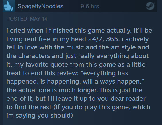 "I cried when i finished this game actually. it'll be living rent free in my head 24/7, 365." 