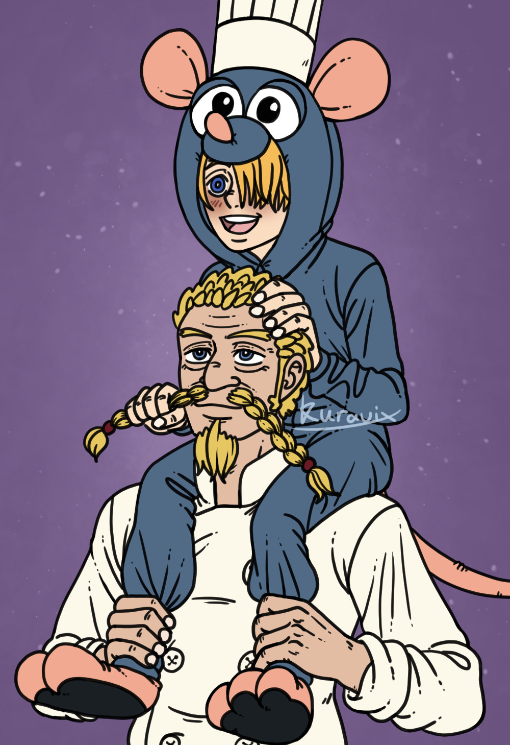 Child Sanji is dressed up as Remy from Ratatouille and sitting on Zeff's shoulders who is wearing chef whites.