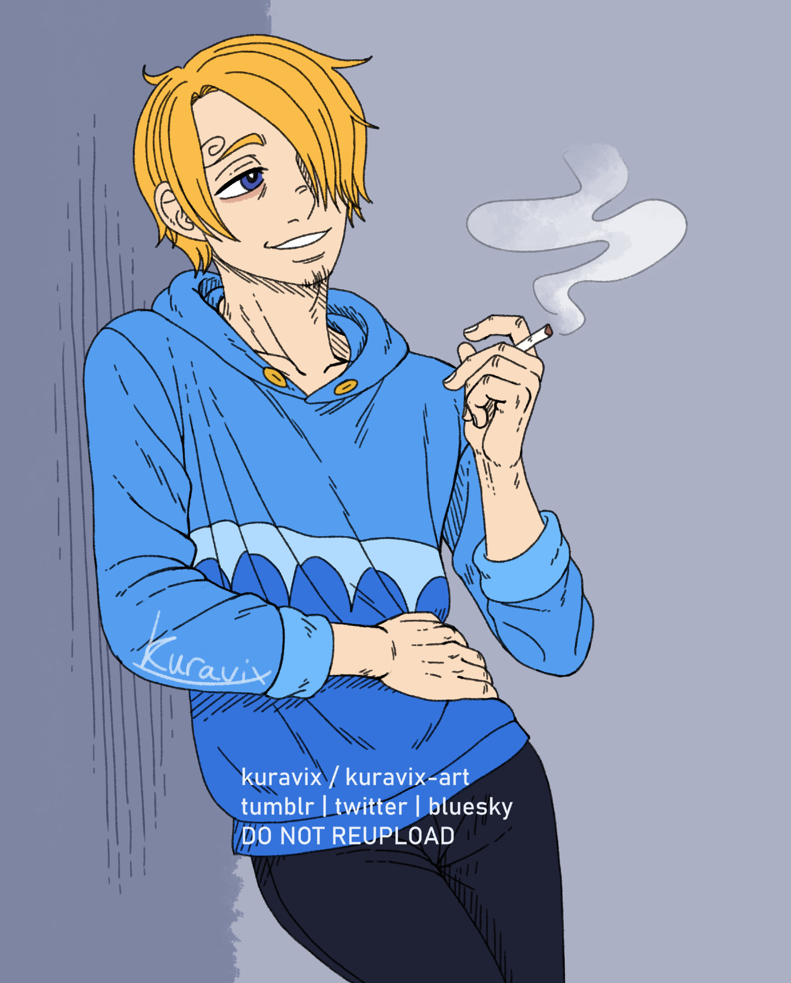 Drawing of Sanji from One Piece wearing his blue hoodie from Thriller Bark. He is casually leaning a shoulder against a wall and holding a cigarette in his hand.