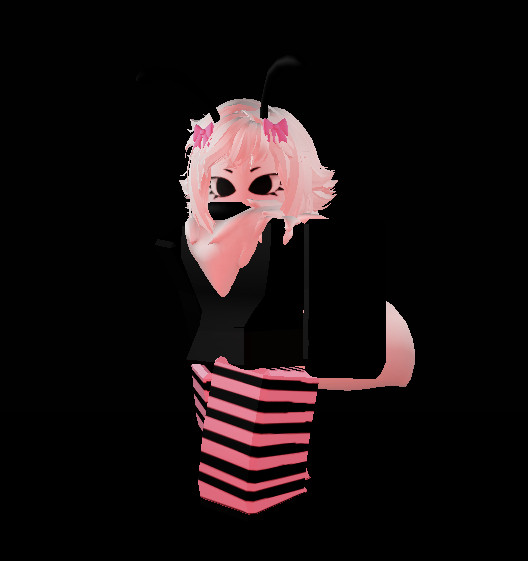 A feminine Roblox avatar with white skin, bushy hair, large eyes, and black antennae. It sports pink bows on its antennae. It wears a black turtleneck dress, that has white fluff sticking out of a presumed chest opening. It also has pink and black striped stockings and a large white bug-abdomen-like tail.