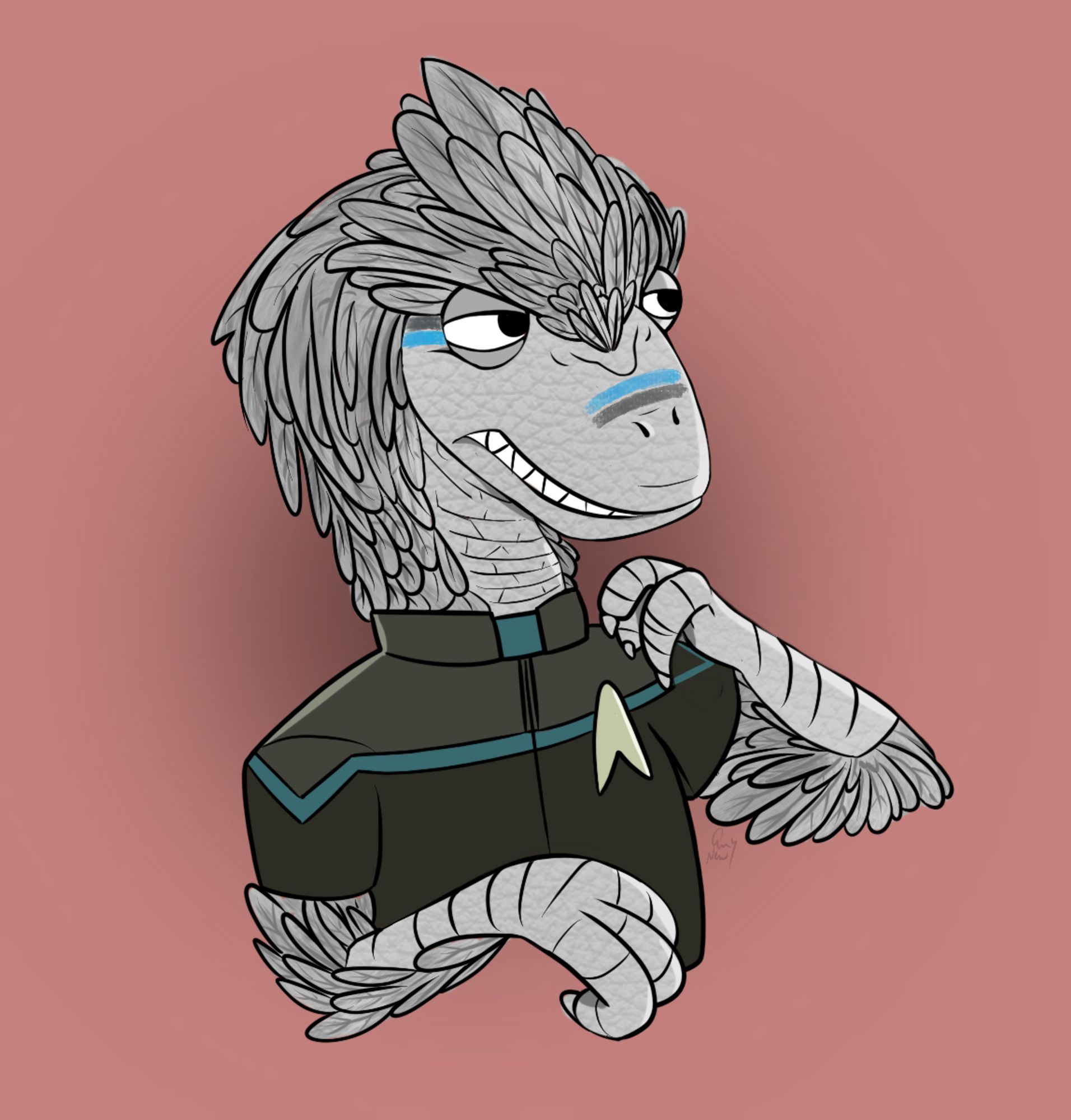 Gwaral, a Clan Ru Federation Science Officer. The Clan Ru are descendants of Troodontids rescued from by the Preservers from Earth before the Chicxulub impact originating in the old Novelverse. Gwaral is a Troodontid with grey feathers and wearing a modified Federation Science Odyssey-Style Uniform. Art by the Awesome Amy New ( @amynewblue.bsky.social )