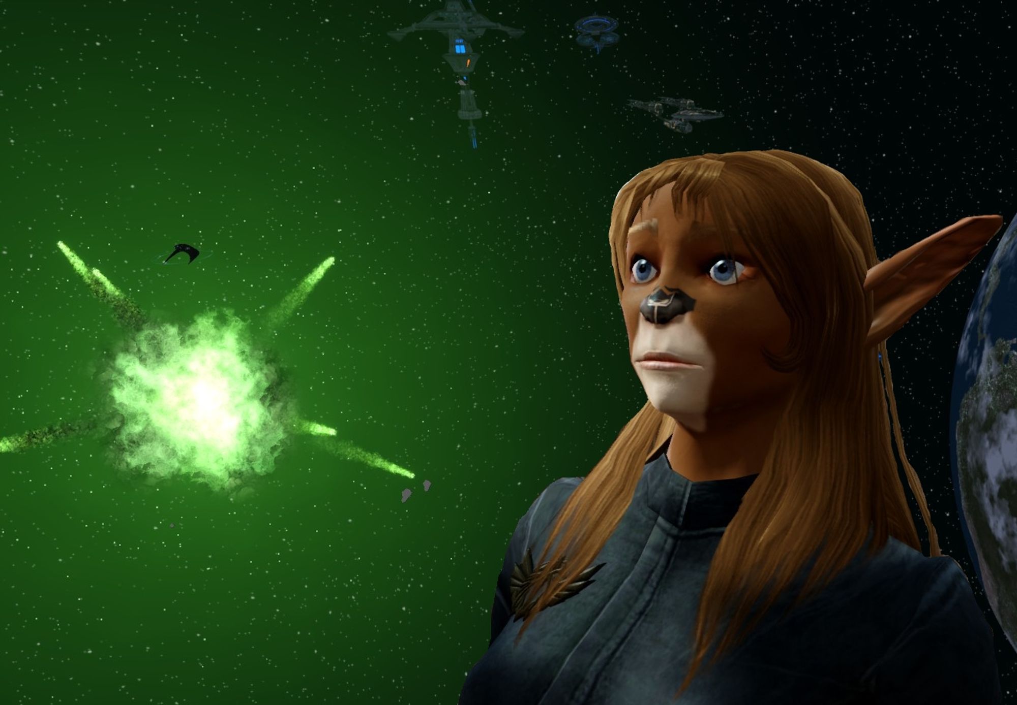 Pic showing Faberi looking on wide eyed at a green explosion. She is a deer-like furry-ish humanoid with brown fur, blue eyes, black nose, and white fur near her mouth (and underbelly but STO can't replicate that).