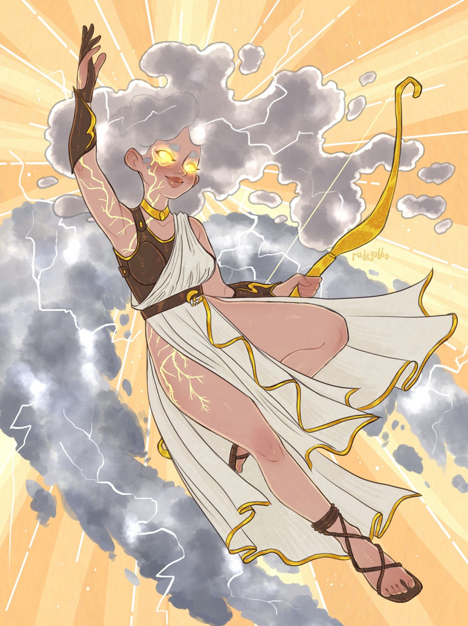 a color drawing of a woman floating against a golden sky with sun rays shining from behind her. she has cloudy hair and wings that crackle with lightning. she has golden glowing eyes, carries a golden bow, and wears a long white toga with brown leather sandals, archery glove, gauntlets, and a leather top or chest guard. she has lightning-shaped scars glowing gold that run from her face to her arm and down to her thigh.