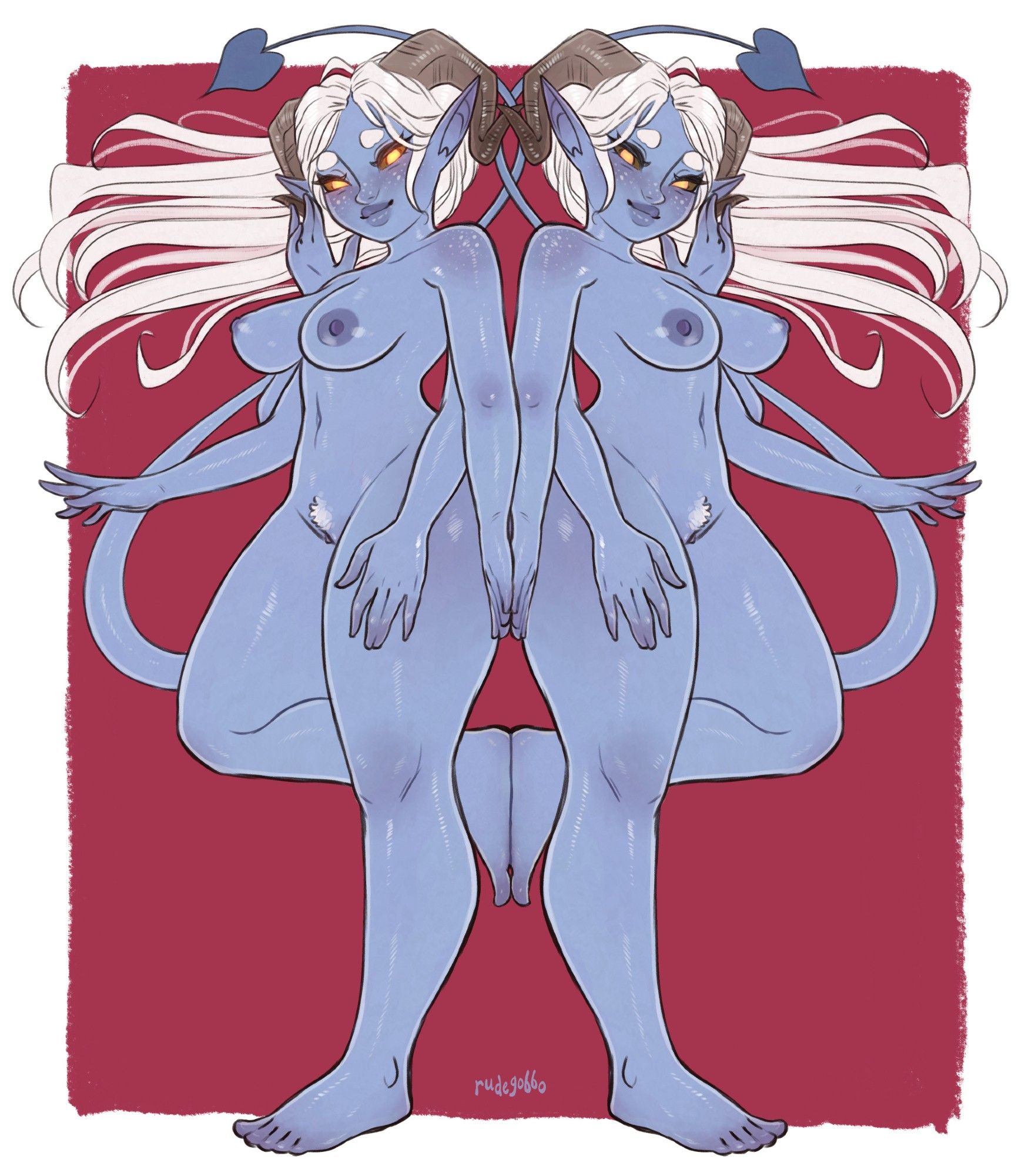 a color drawing of two identical nude devil girls standing back to back, with their hands and feet touching. they each have four arms, pale blue skin, white hair, horns, a tail, and glowing eyes.