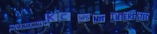 fan signs from several Karmine Corps fans that says "KC WAS NOT INTERESTED"