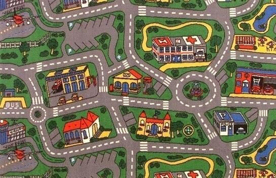 Photo of a city map carpet for toy cars for kids.