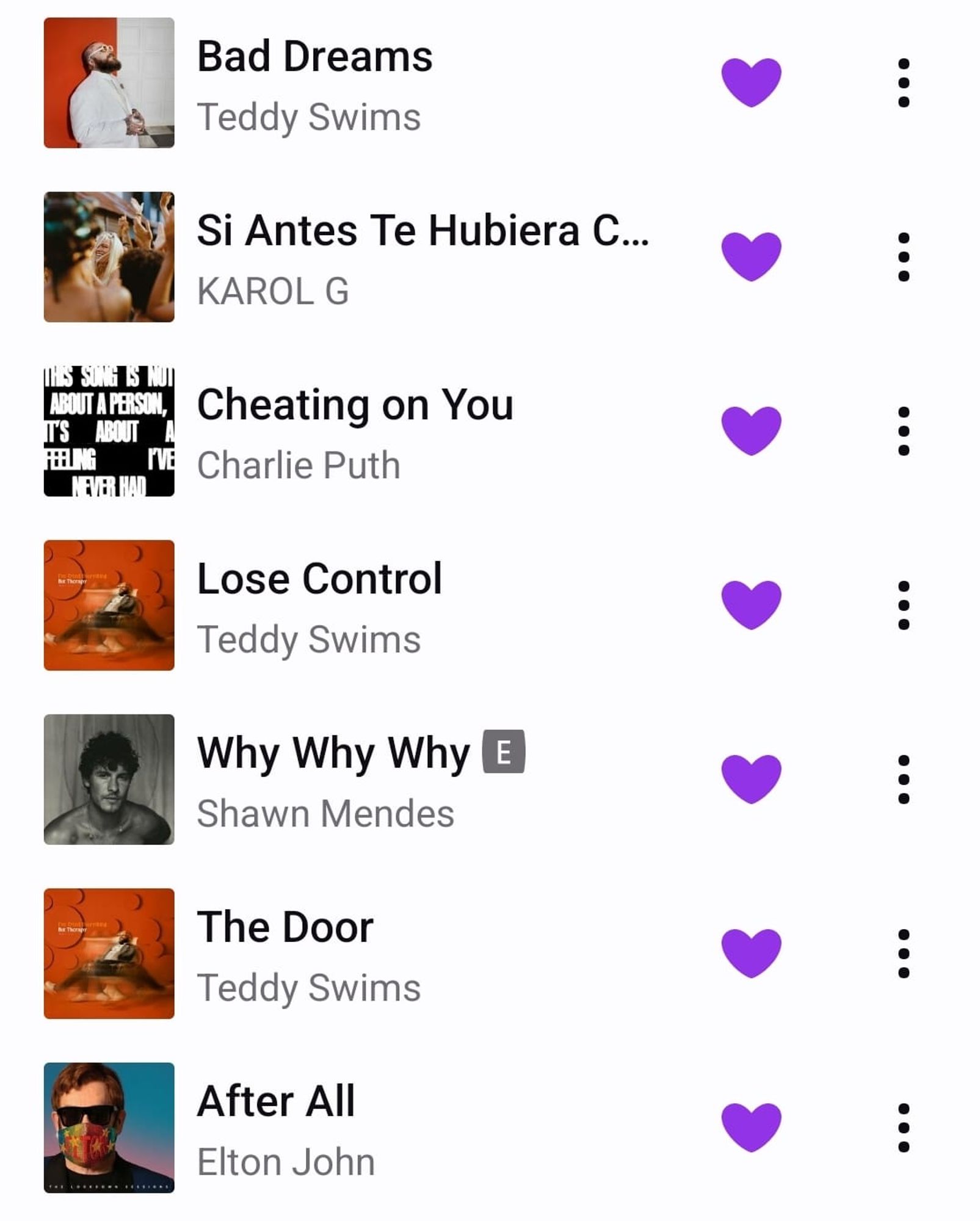 Meu top 7 músicas de Setembro no aplicativo de música Deezer:

Bad Dreams - Teddy Swims
Si Antes Te Hubiera Conocido - Karol G
Cheating On You - Charlie Puth
Lose Control - Teddy Swims
Why Why Why - Shawn Mendes
The Door - Teddy Swims
After All - Elton John