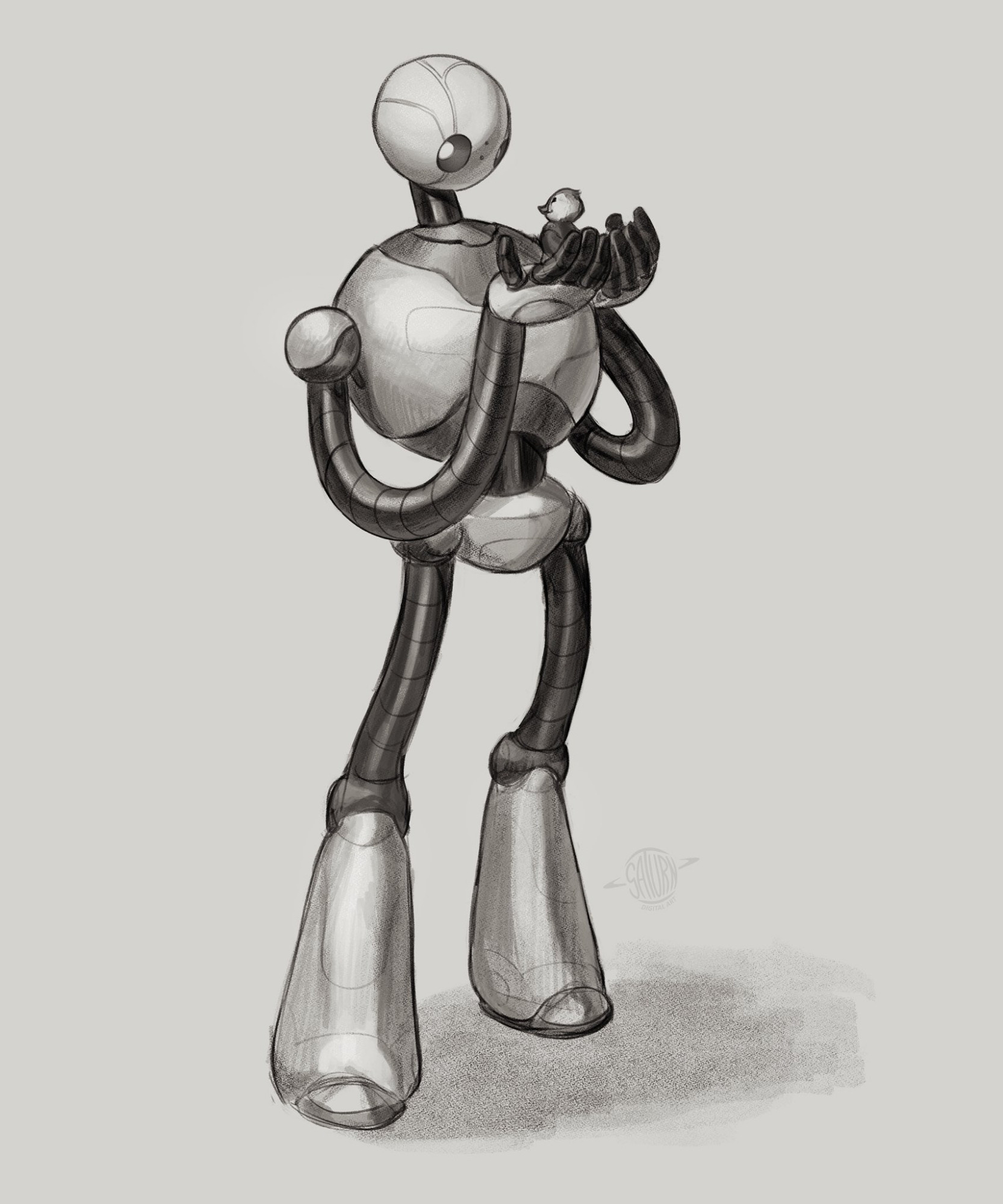 Greyscale sketch of Roz from the movie The Wild Robot. She holds her gosling Brightbill gently in her hands close to her face curiously and warmly.