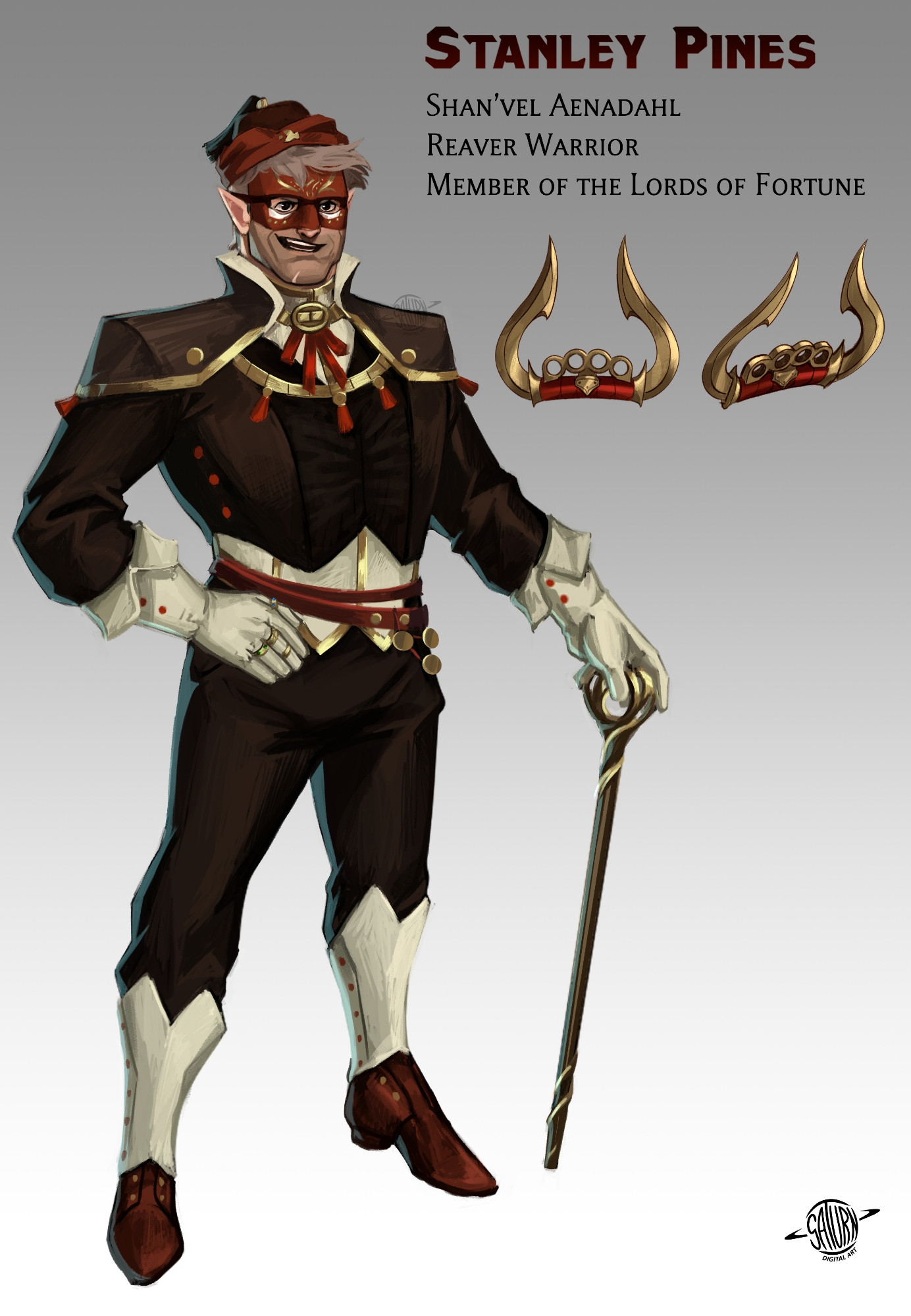 Art of Stanley Pines in Orlesian attire. The attire is similar to a black suit, with a white in shirt lined with gold and a small cape that drapes his shoulders. Coins hang off two then red belts around his waist and his white gloves are adorned with golden rings. 

To his left are brass knuckles with additional blade attached to the sides. The blades curve close to an s shape. 