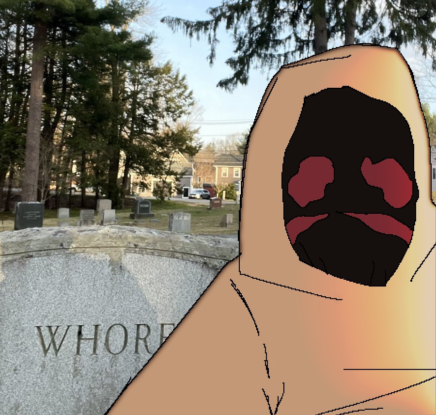 the hooded figure taking a self infront of a gravestone that dictates “whore”