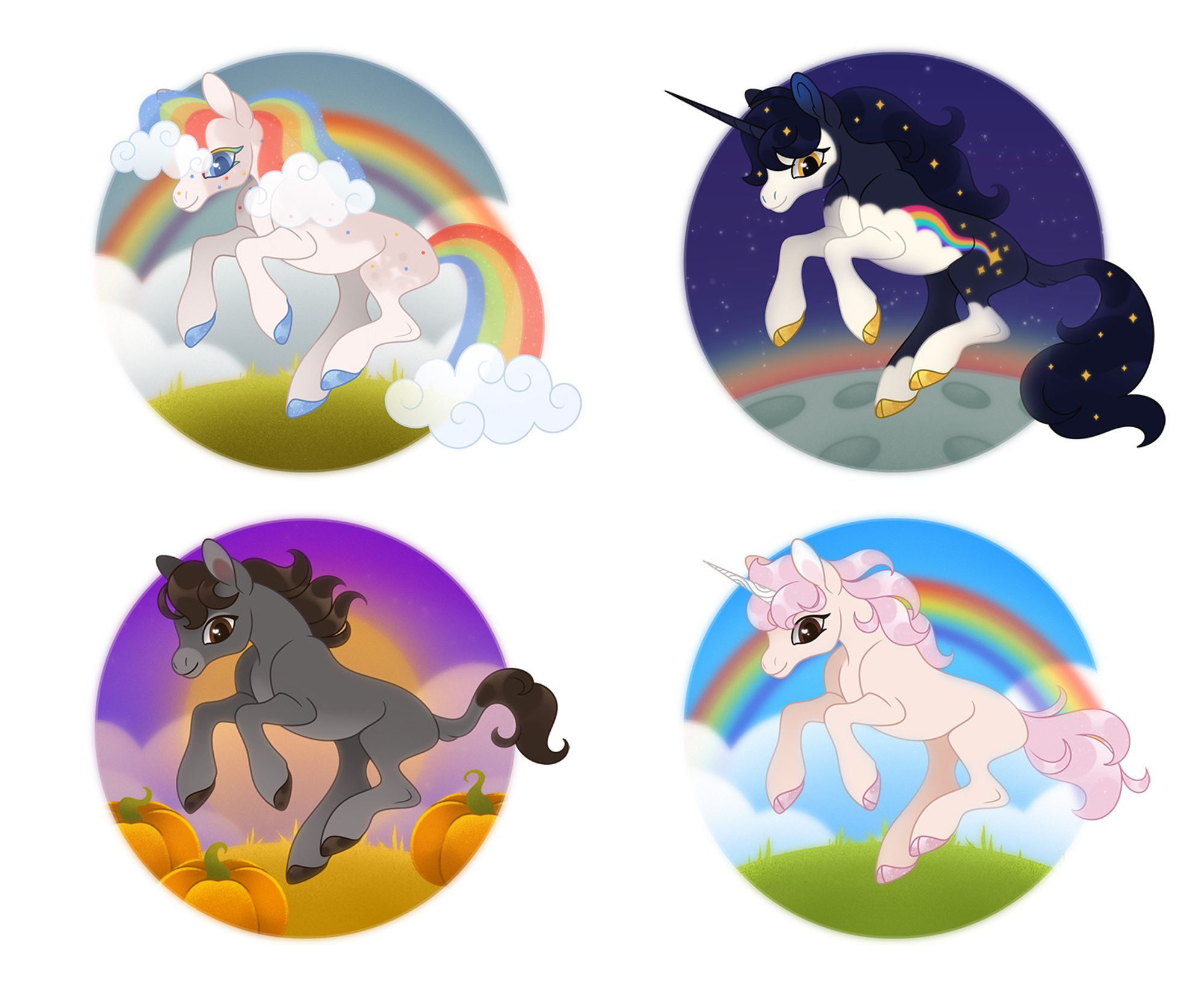 four little horses on various backgrounds leaping happily