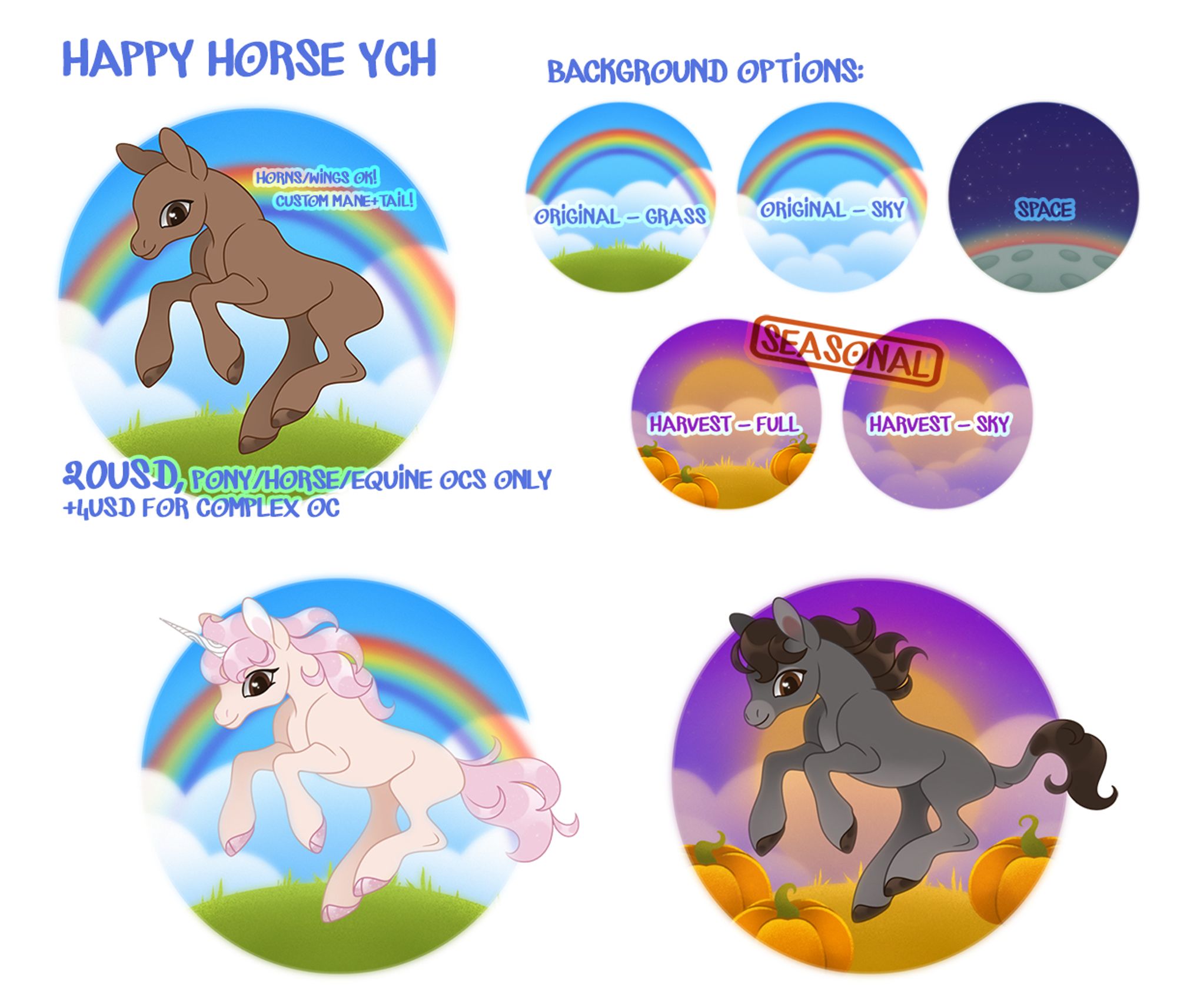 a commission sheet advertising a happy horse your-character-here. the horse can be any OC and there is a choice of a few backgrounds