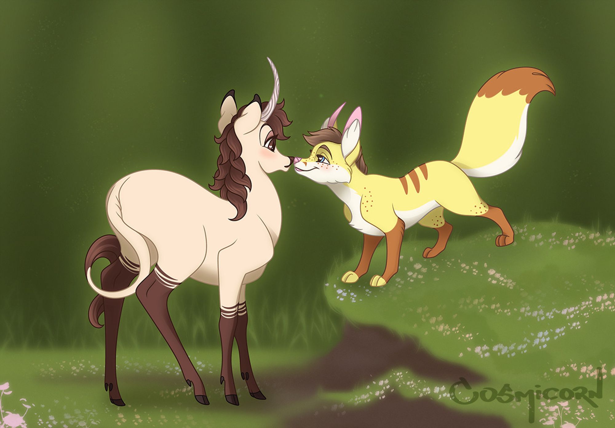 a unicorn and a fox meeting in a forest doing a cute nose boop