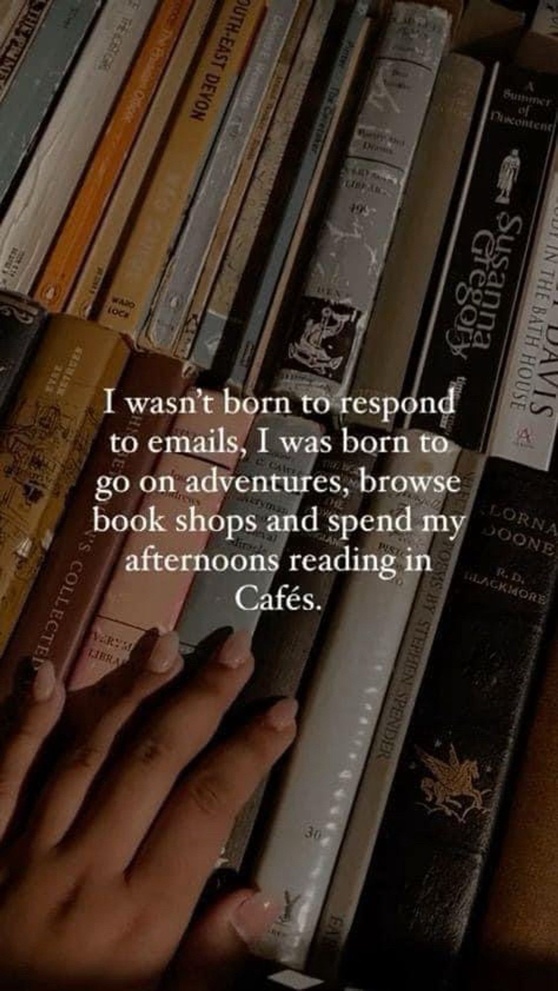 meme epigram 
'I wasn't born to respond to email, I was born to go on adventures, browse book shops, and spend afternoons reading in cafes.'