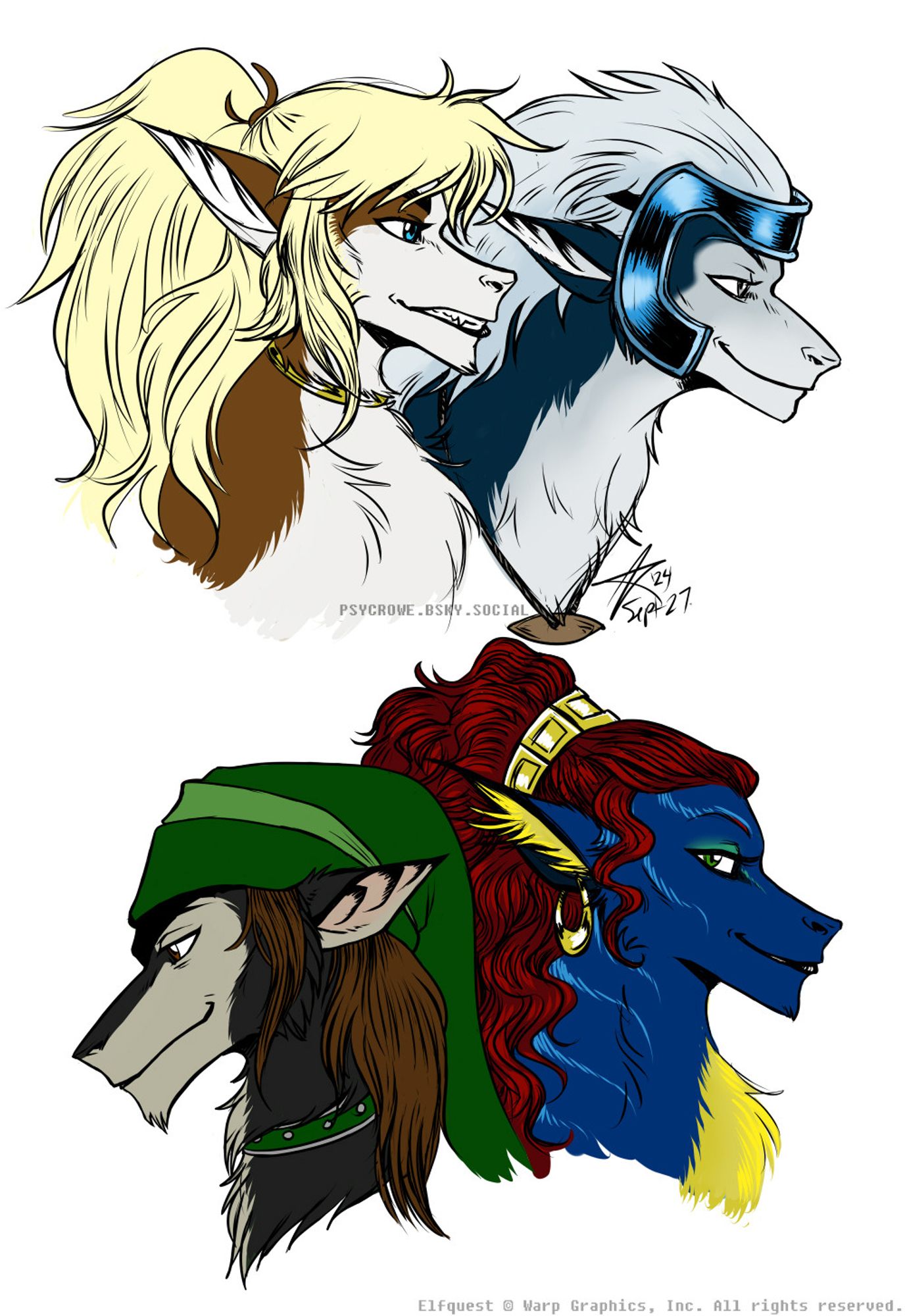 Digital sketch of Elfquest characters depicted as my made up furry dragon species called a Draekard. The dragons have wolf-like, and big cat-like features. The characters are various colors, and some sport accessories, like metal collars, hats, and hair accessories.