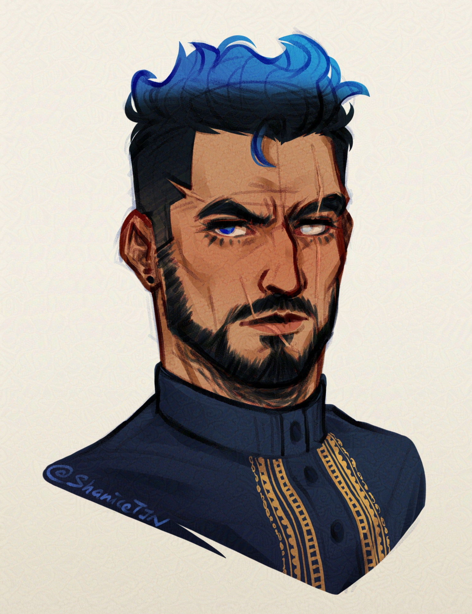 A digital portrait doodle of ShaniceTJN's OC -- Azrael.

He has an annoyed expression and is wearing a dark blue thawb with gold detailing.

Written text in the artwork reads @ShaniceTJN.