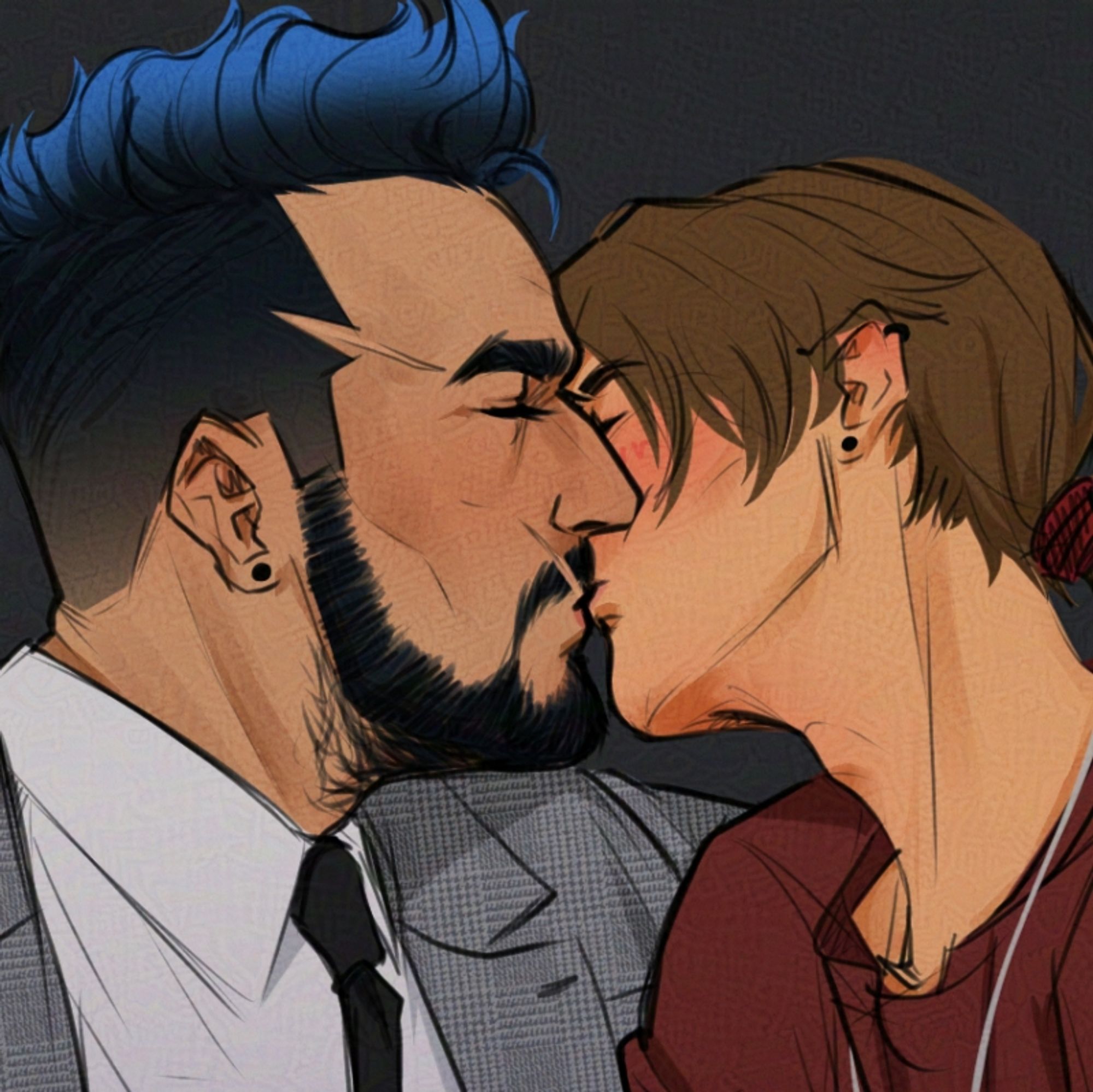 A digital artwork of my 2 Original Characters, Azrael and Amadeo sharing a kiss. Azrael is wearing a Prince of Wales check suit with a black tie while Amadeo is wearing a maroon T-shirt and a silver cross necklace.