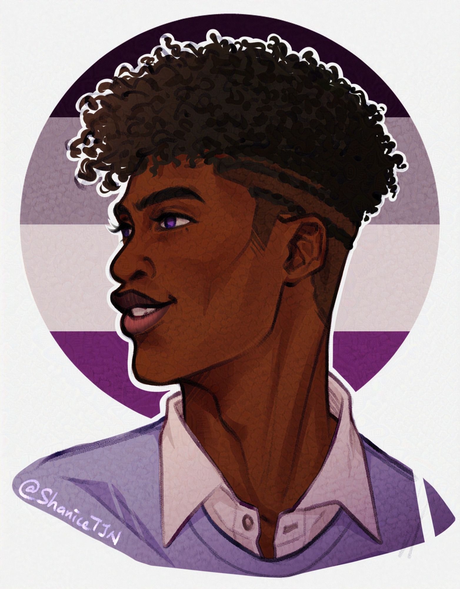 A digital portrait commission of @chasethefuture's OC -- Chase. There is a circular Asexual Pride Flag as the BG shape.