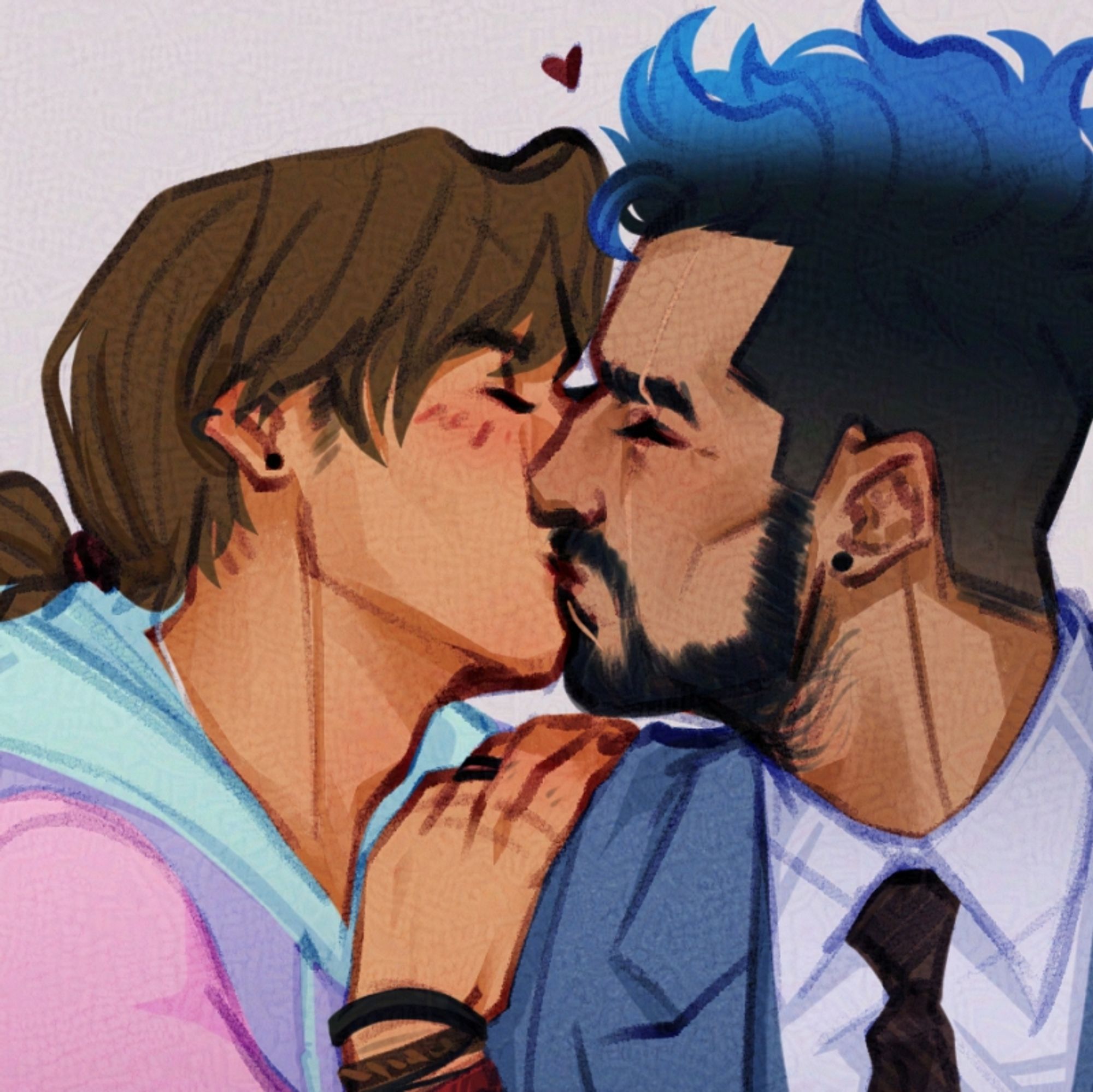 A digital artwork of my 2 Original Characters, Azrael and Amadeo sharing a kiss. Azrael is wearing a light blue suit with a brown tie while Amadeo is wearing a multi-coloured pastel hoodie.