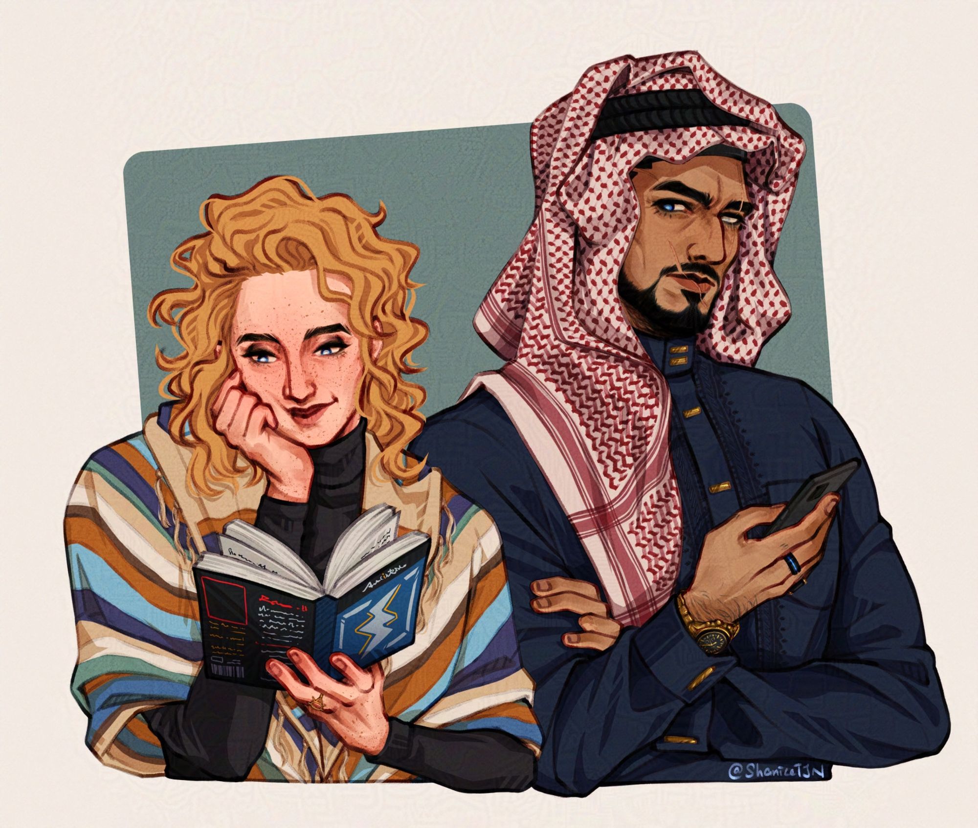 Digital half-body commission for thebanhdot_com of his OC -- Emily and ShaniceTJN's OC -- Azrael.

Emily has her chin resting on her right hand and is reading a book which she is holding in the other hand. To her left is Azrael holding onto a mobile phone while having his other arm crossed and seemingly peeking at her book. Emily is wearing a multi-coloured Tallit on top of a black turtleneck while Azrael is wearing a dark blue Thobe and the traditional Saudi Shemagh. There is a teal rounded rectangle as the BG shape.

Written text in the artwork reads @ShaniceTJN.