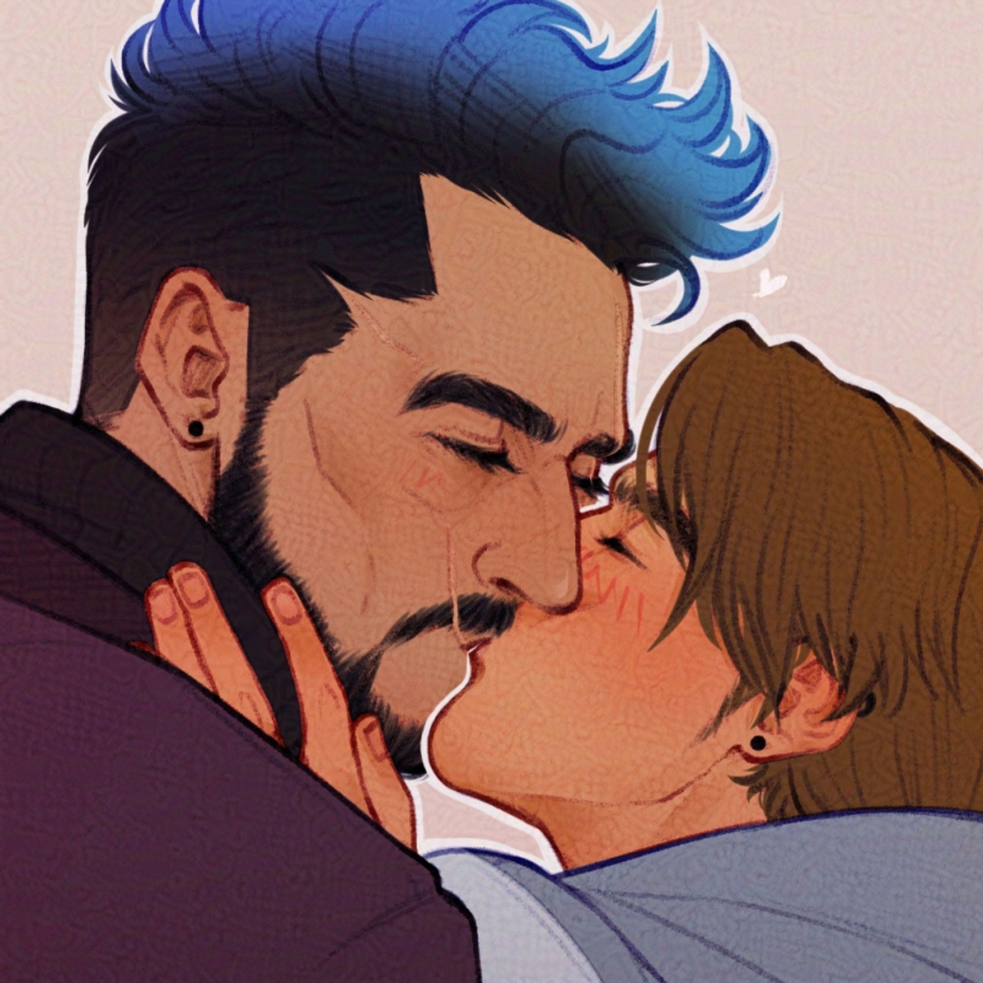 A digital artwork of my 2 Original Characters, Azrael and Amadeo sharing a kiss. Azrael is wearing a purple suit with a dark purple roll neck while Amadeo is wearing a teal hoodie.