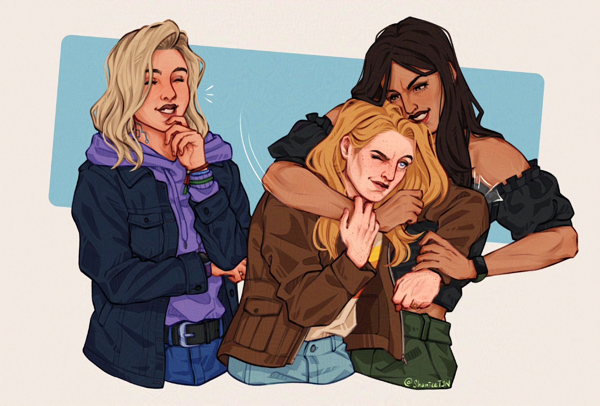 Digital half-body commission for thebanhdot_com of his OCs -- Sophia, Emily and Tommie.

Emily and Tommie are in the centre and to the right. Tommie is playfully putting Emily in a chokehold while Emily is pretending to get out of it. Sophia is standing on the left with a hand on resting on her chin, seemingly stifling a laugh at the two. There is a light blue rounded rectangle as the BG shape.

Written text in the artwork reads @ShaniceTJN.