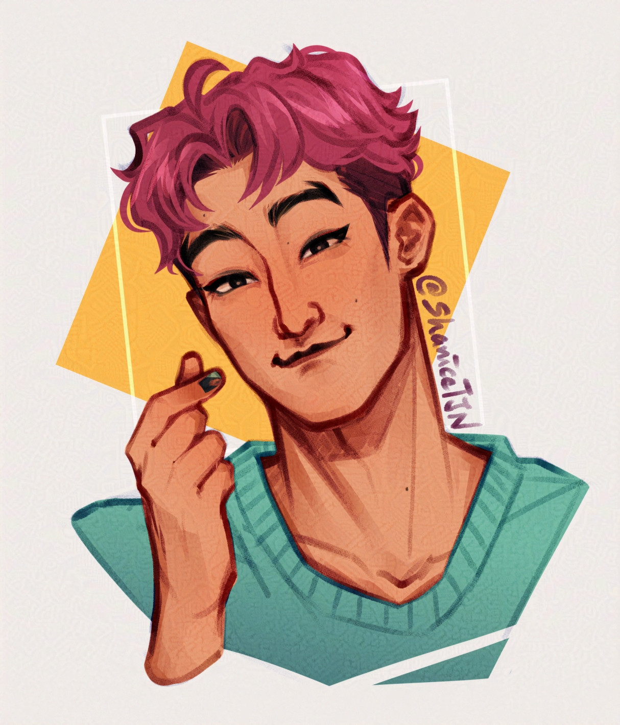 A digital portrait artwork of Abby Saja of the Saja Boys from KPop Demon Hunters. He is smiling very sweetly at the viewer while doing a Korean finger heart with his right hand.

Written text in image reads @ ShaniceTJN.