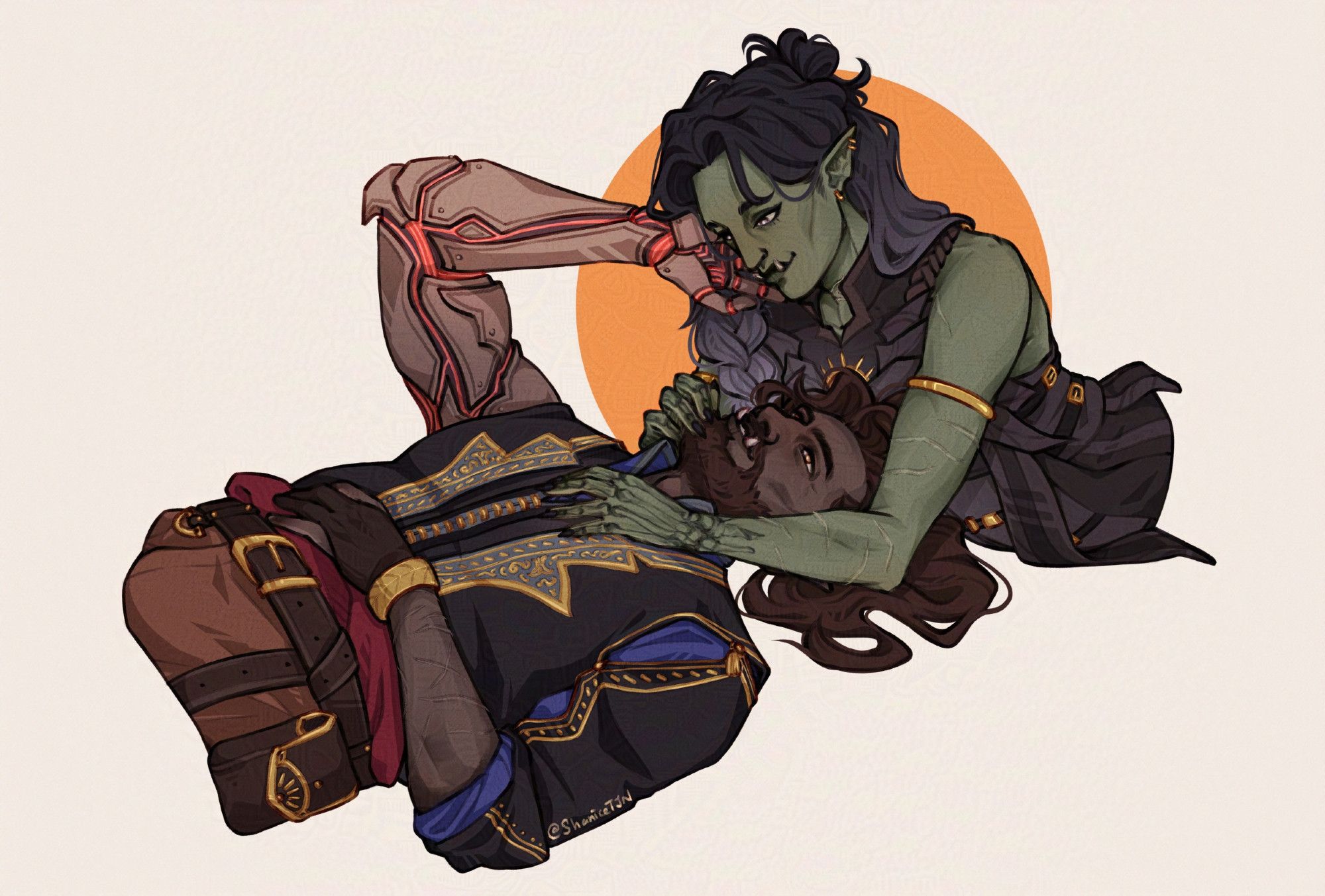 Digital half-body commission for kelsi_ortega of her OCs -- Kesh and Vihaan.

Kesh is lying down while reaching up to caress Vihaan's face. Vihaan is lying chest down and propped up on her elbows while having her right hand on Kesh's chest, and the other hand stroking his chin. Both have soft smiles on their faces and are looking at each other lovingly. There is an orange circle as the BG shape.

Written text in the artwork reads @ShaniceTJN.