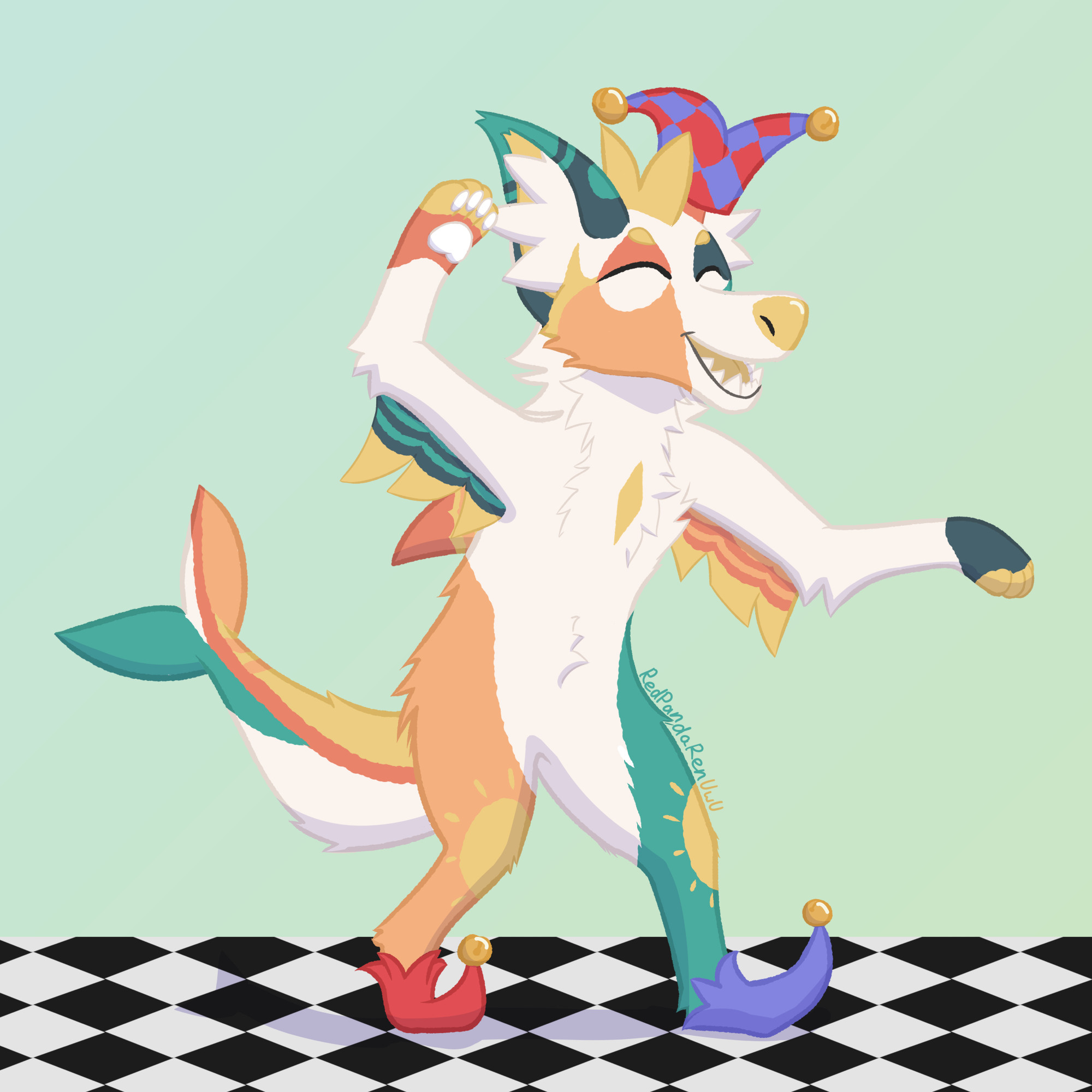 A white, orange, yellow, and green manokit named Jester performing a dance on a checkered floor. They are wearing a jester hat and shoes with bells