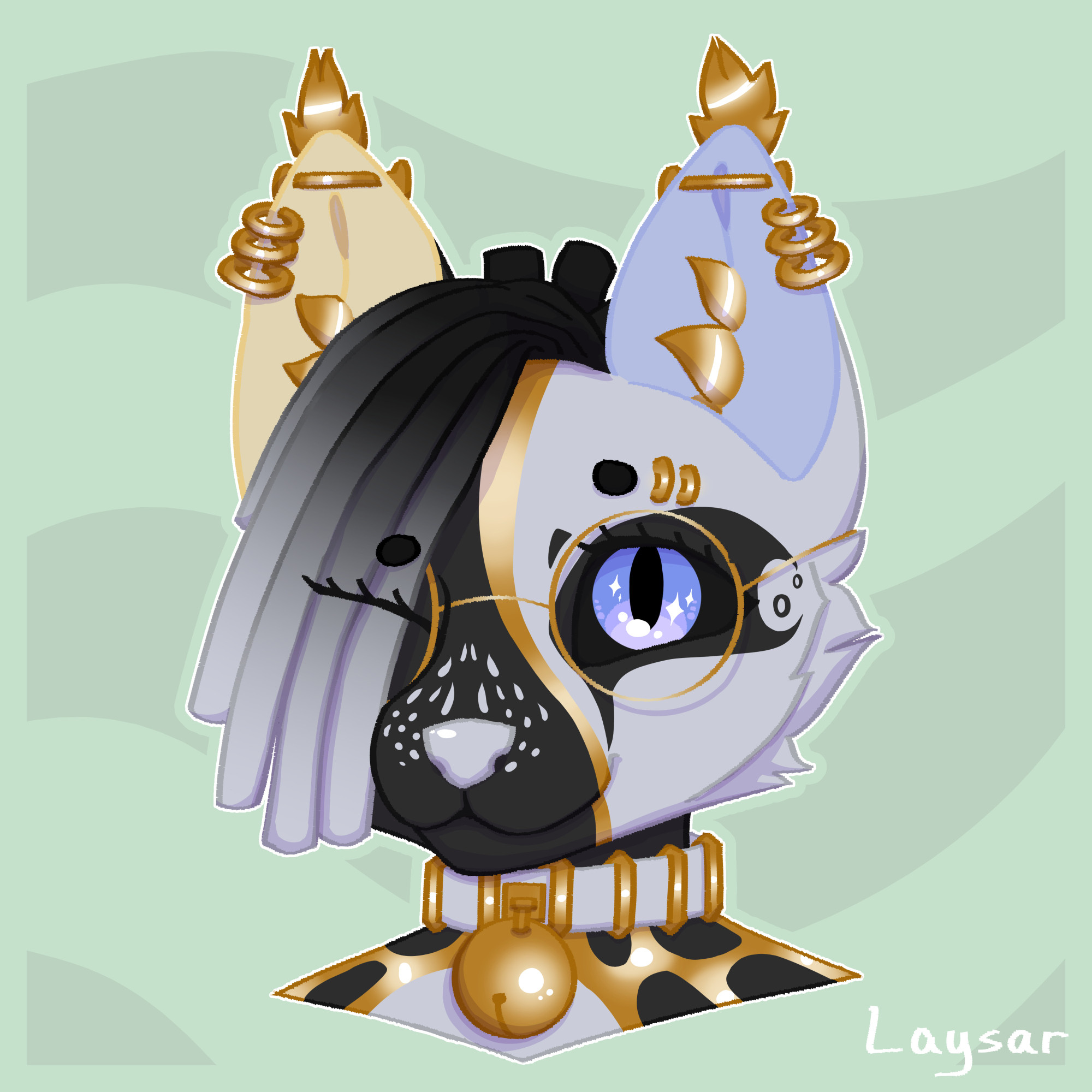 A black, white and golden ceramic cat, with blue and yellow ears and eyes, and a white and gold collar with a bell. Also has a lot of golden piercings