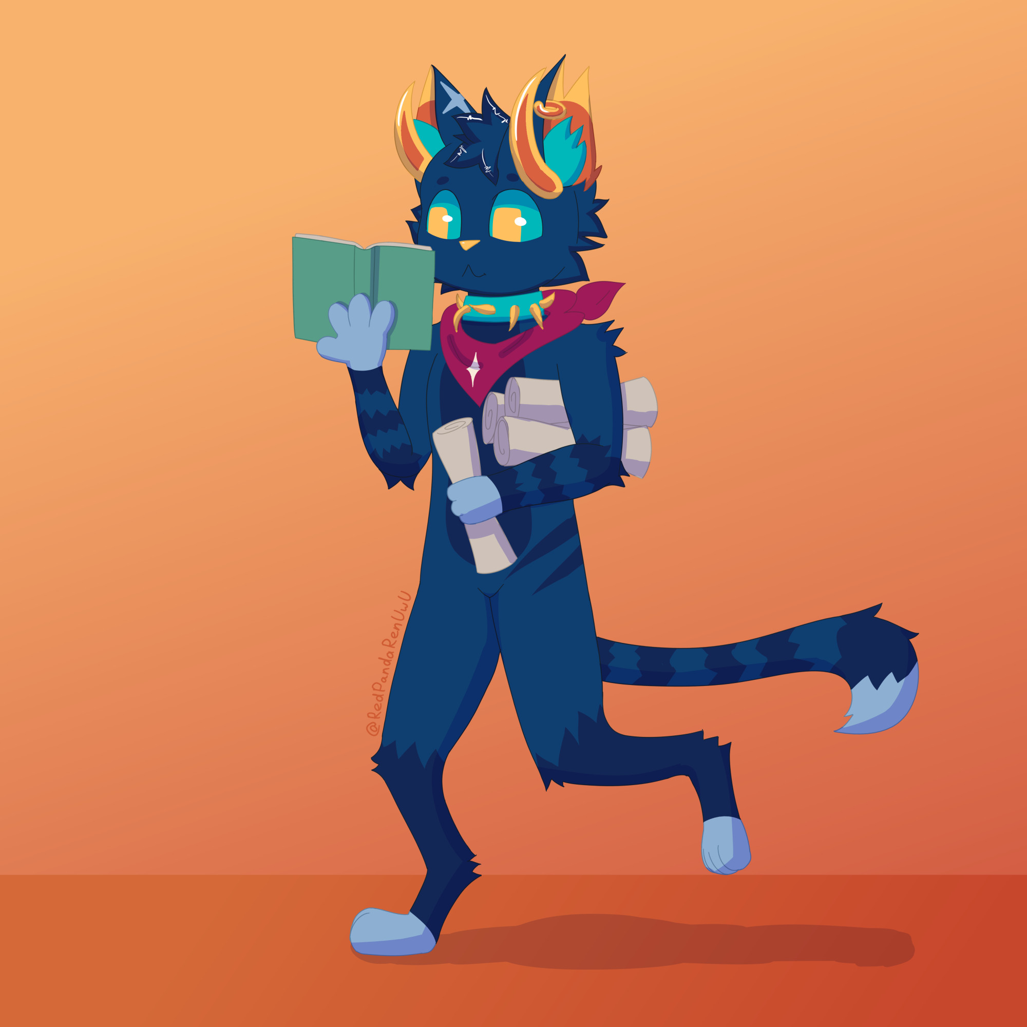 A dark blue, cyan, and orange cat named Osial, reading while walking. He's holding 3 scrolls under his arm and another one in his hand. He is wearing a spiky collar and a velvet bandana