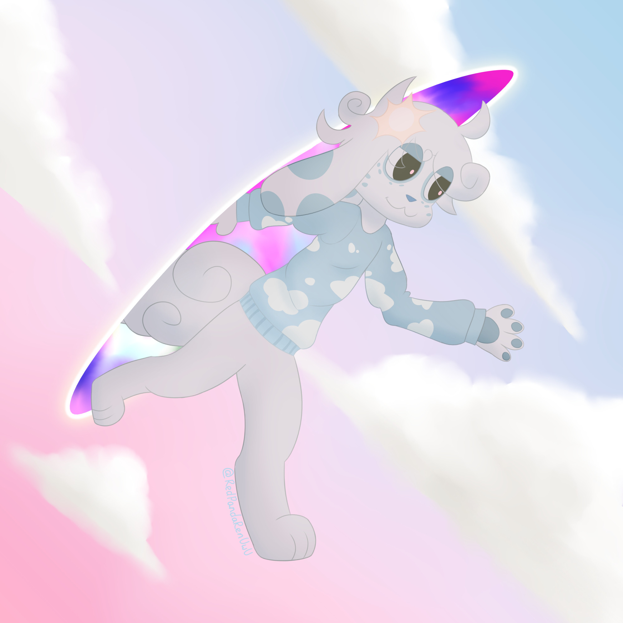 A light gray dog with blue paws and spots named Minky, who is stepping out of a pocket dimension portal into the middle of the sky