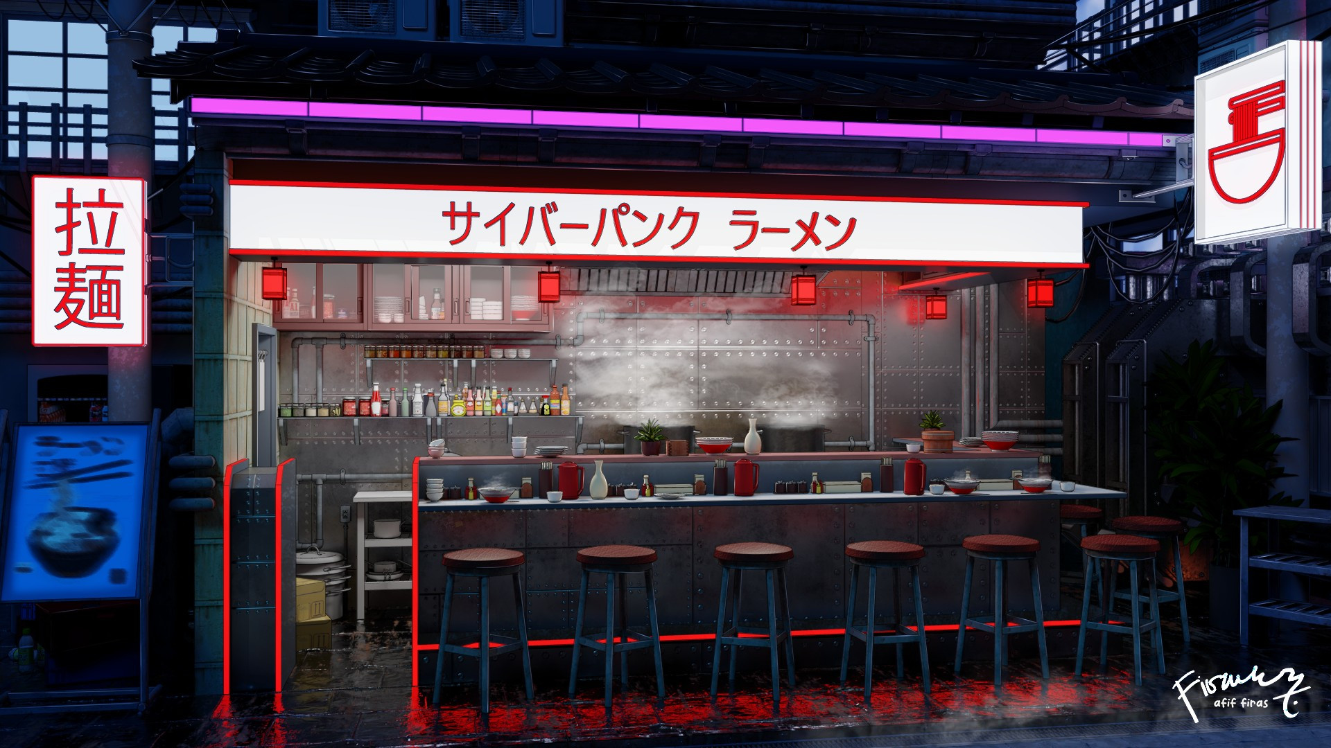 cyberpunk ramen shop background art