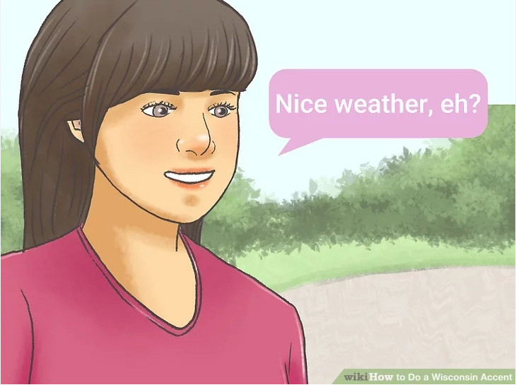 An illustration of a woman with a speech bubble that reads "Nice weather, eh?"