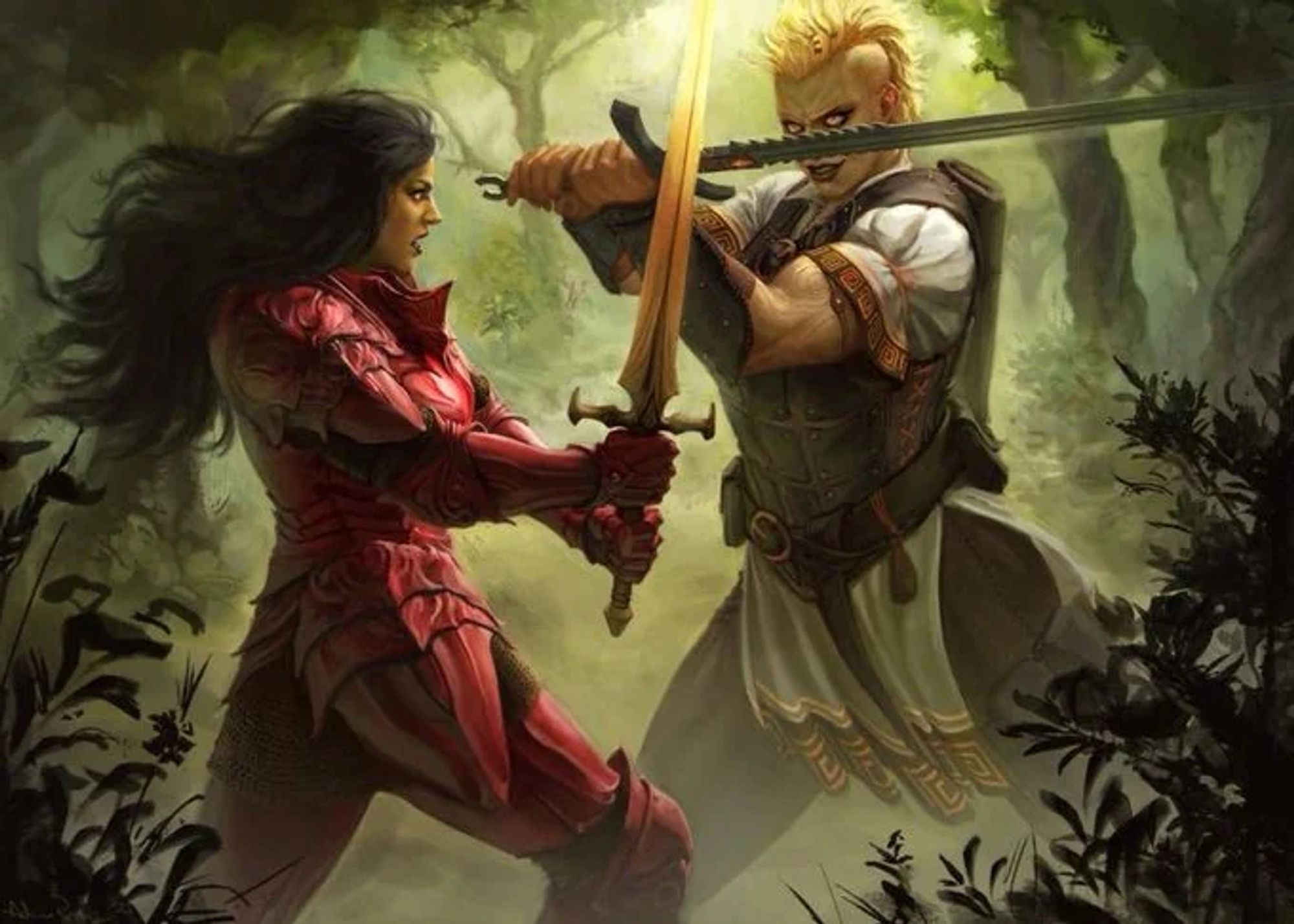 Two hot sapphic women swordfighting - one in crimson armour with long black hair, the other in leather armour and short blonde hair