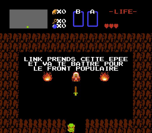 image du jeu Zelda sur NES avec le texte "Link prends cette épée et va te battre pour le front populaire"