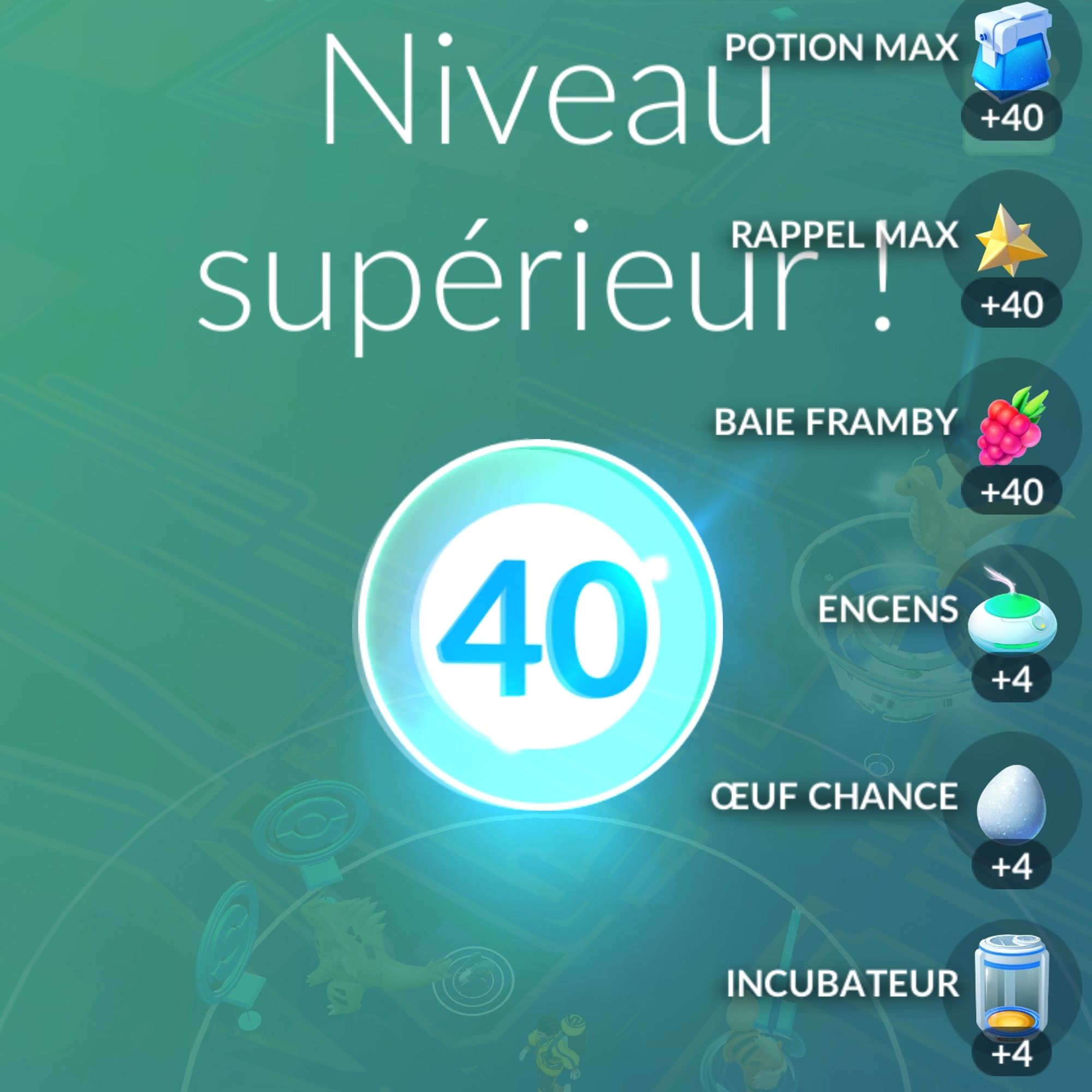 Capture du jeu Pokemon Go affichant le passage au niveau 40