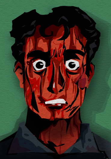 ash williams from evil dead, covered in blood.