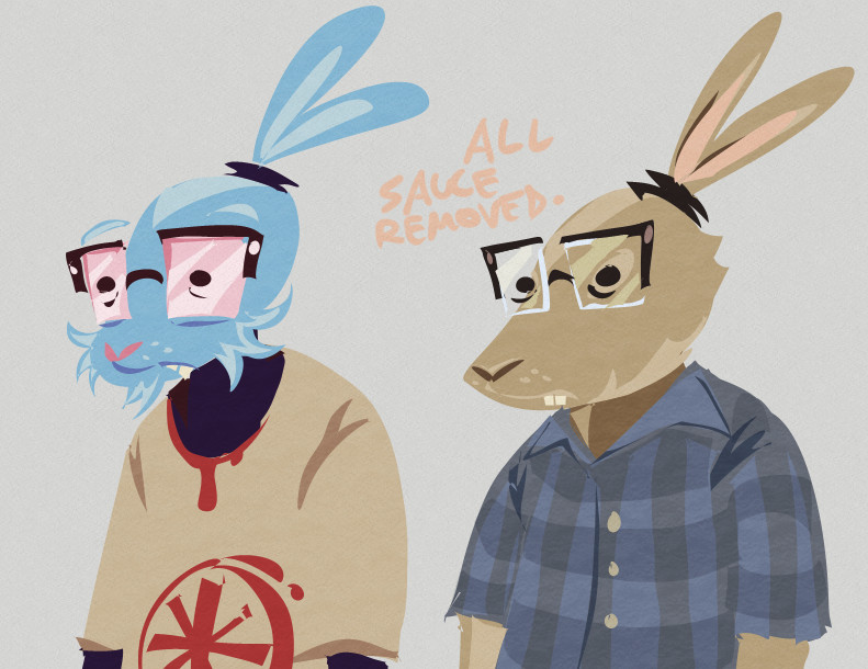 two versions of byrne, an anthro rabbit. on the left is the original, having blue fur, pink opaque glasses and a print tee with a black undershirt, and on the right is a more "normalized" version, with natural golden/light fur, transparent perscription glasses, and a blue checkered button-up shirt. both have their ears tied up