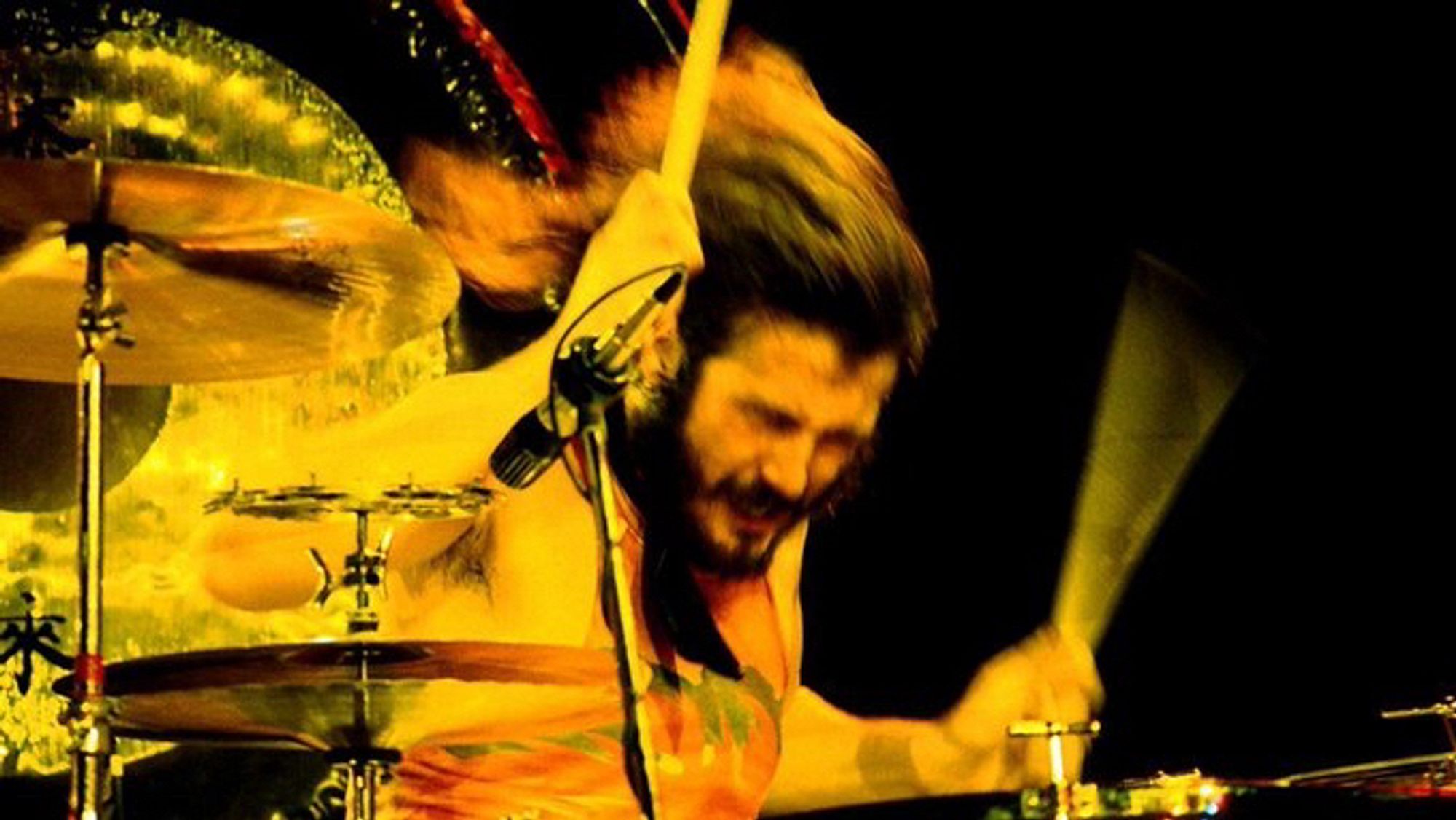 John Bonham plays his drum during a Led Zeppelin Concert